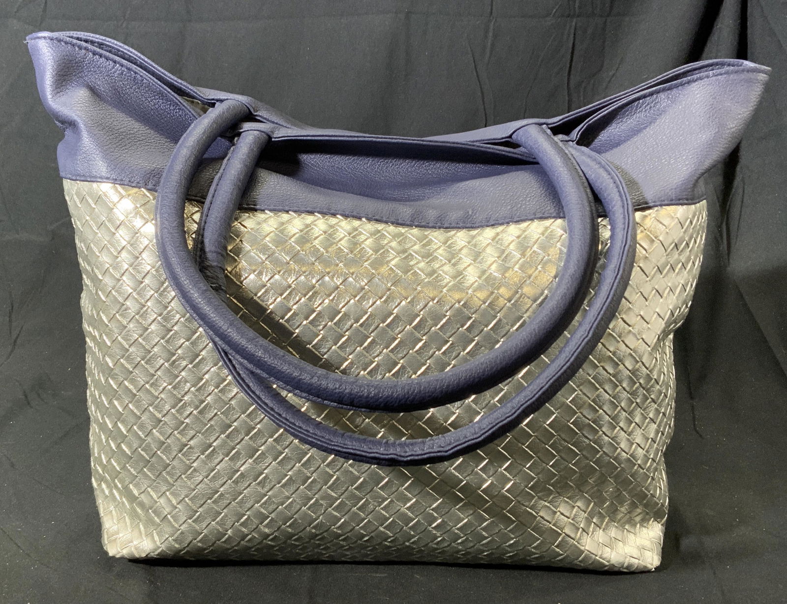 Metallic Silver & Navy Leatherette Tote Bag (1 of 5)