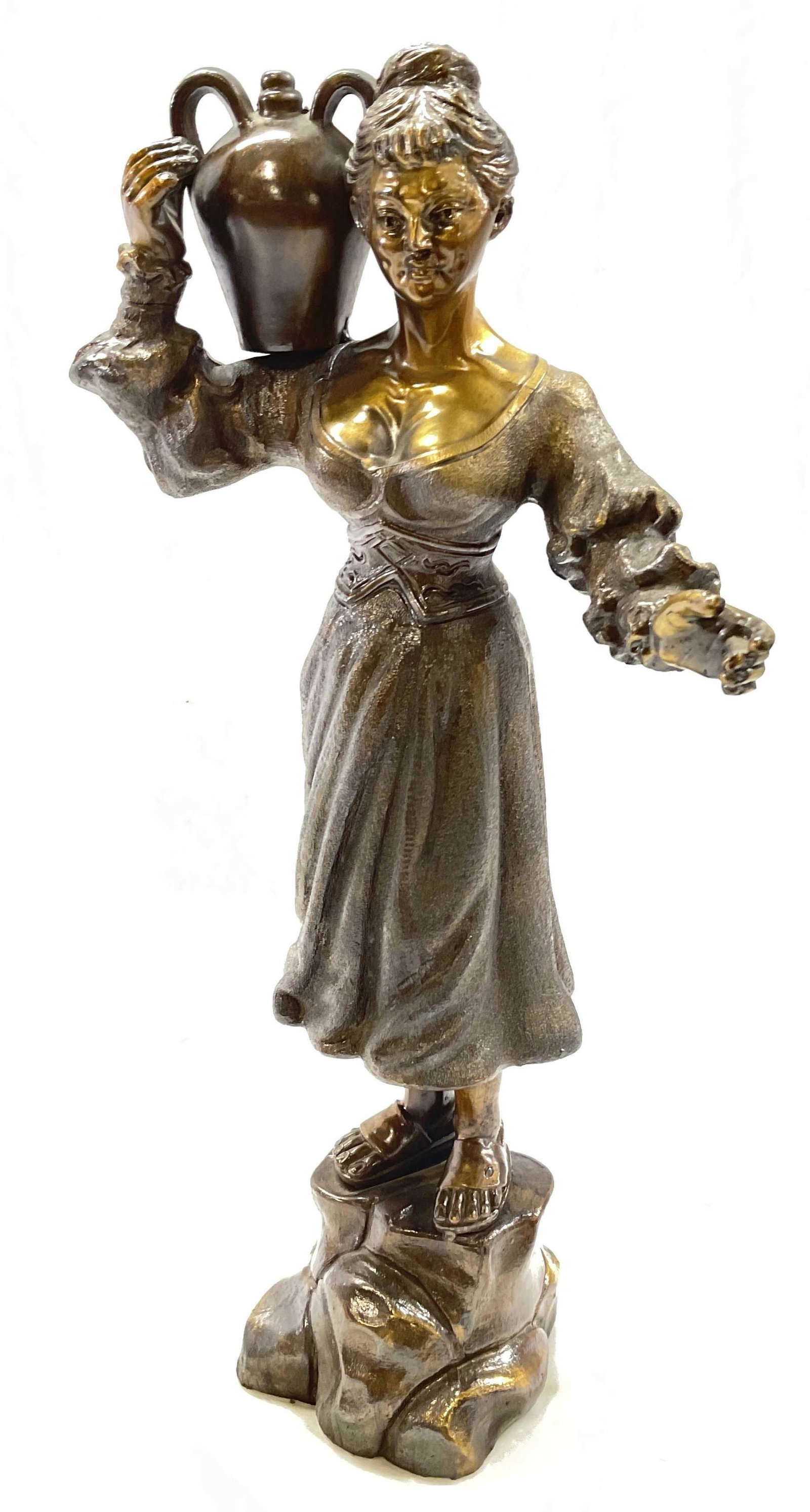 Milk Maid W Marble Base, Signed Metal Sculpture: Signed Metal Sculpt, Milk Maid W Marble Base. Mimics color and tone of bronze, Signed ‘Mod. Dep. A. Sanges’. Metal is hollow. Measures approx 14.5 x 7 inches, surface wear consistent with age and 