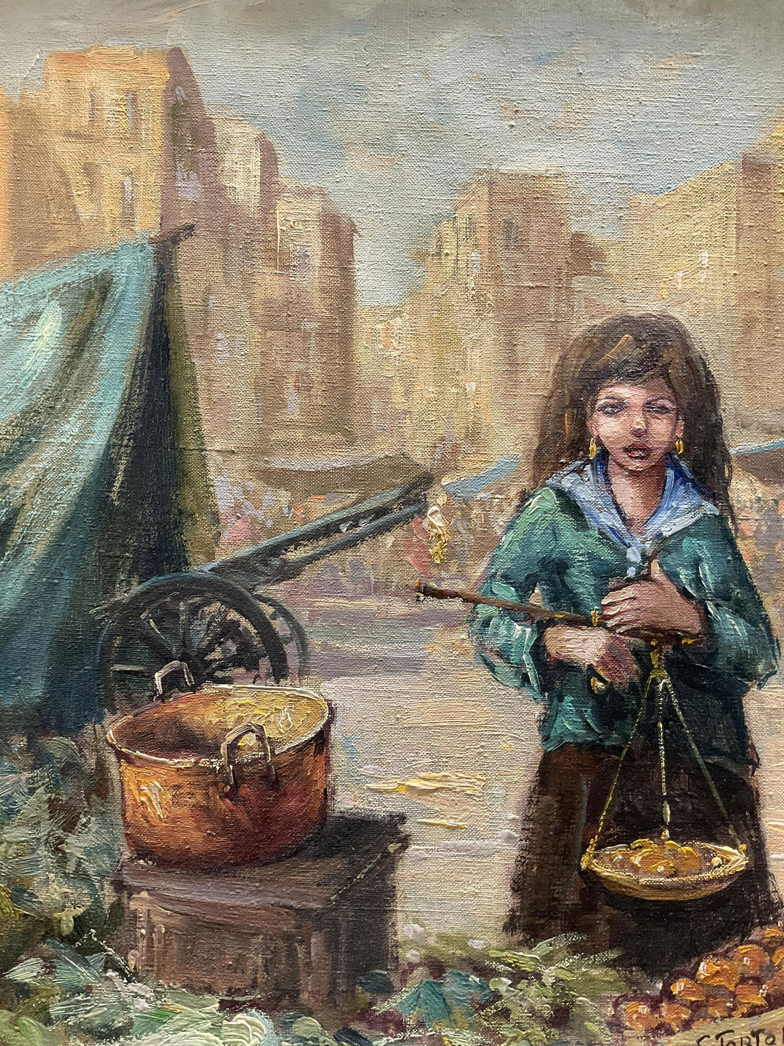 F TORTORA Signed Oil Painting of Girl with Scale (1 of 8)