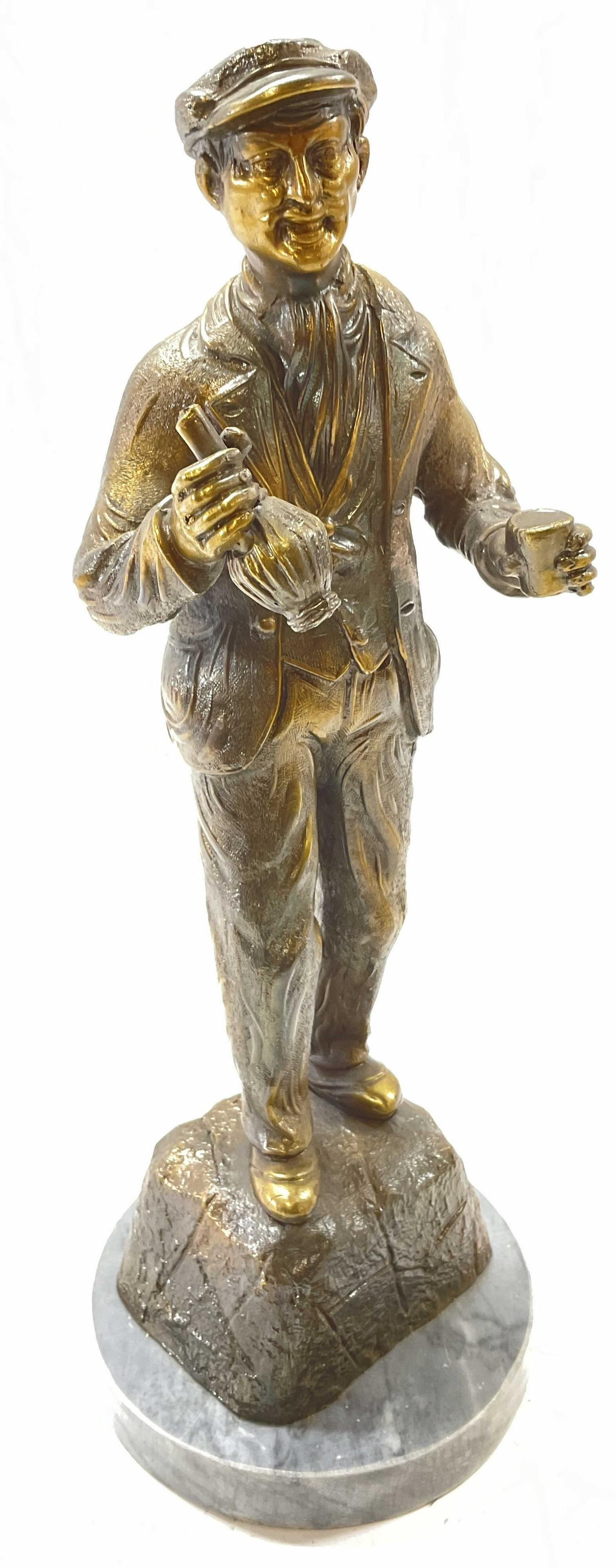 Signed Metal Sculpt of Man W Bottle on Marble Base: Signed Metal Sculpt, Man with bottle on Marble Base. Mimics color and tone of bronze, Signed ‘Mod. Dep. A. Sanges’. Metal is hollow. Measures approx 13x 5 inches, surface wear consistent with age 