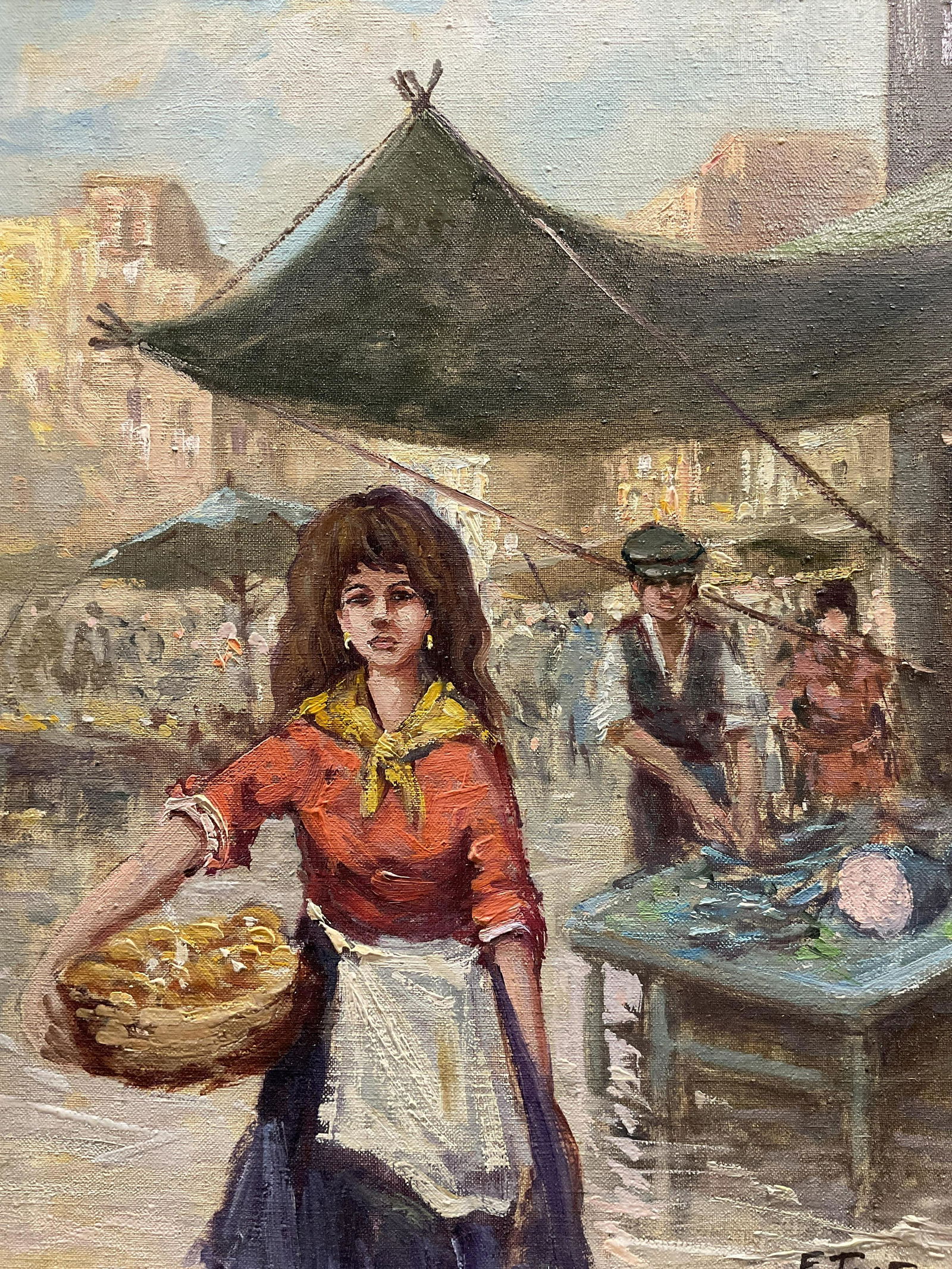 F TORTORA Signed Oil Painting of Girl at Market (1 of 8)