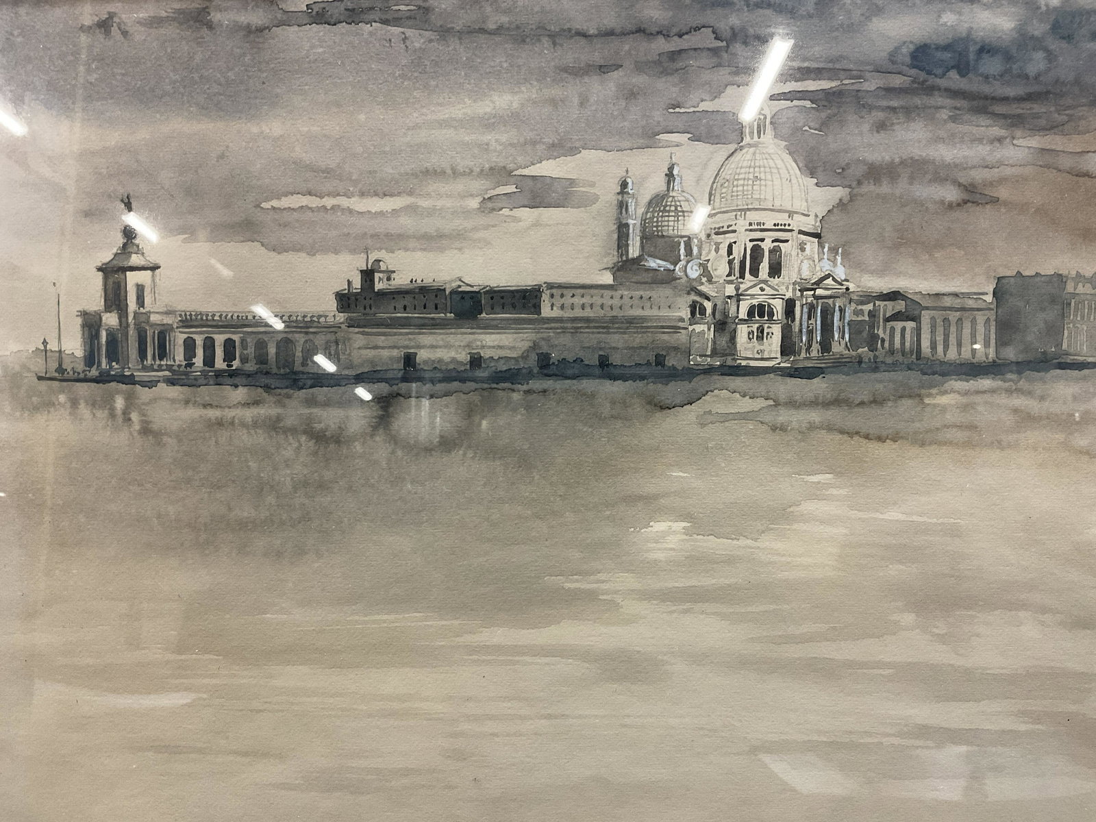 JACK LOWERY Watercolor Painting: JACK LOWERY Watercolor Painting, no apparent inscriptions or signatures to piece, not examined out of frame, artist biography affixed to reverse, subject a number of neoclassical buildings on an inlet