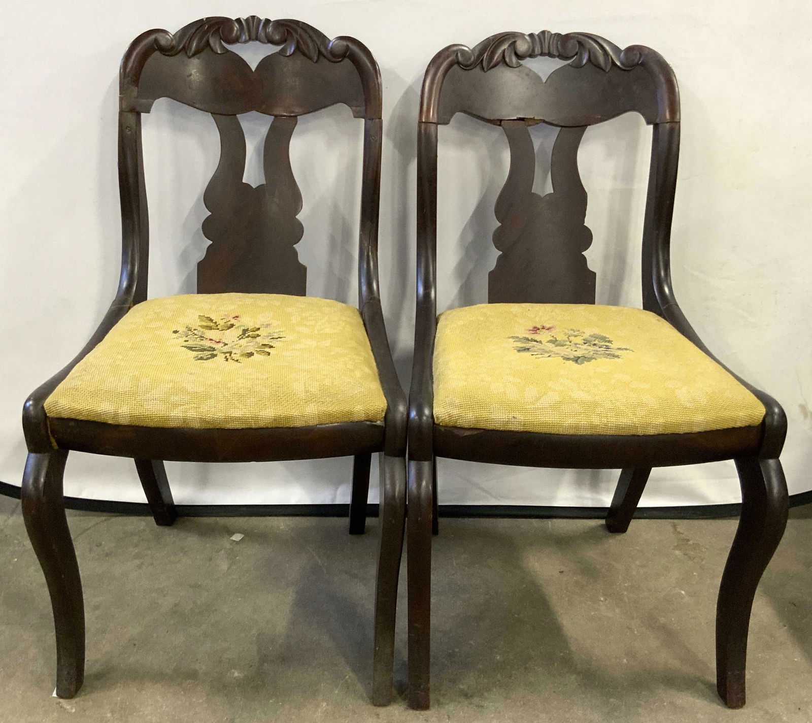 Pair Antique Carved Needlepoint Upholstered Chairs (1 of 16)