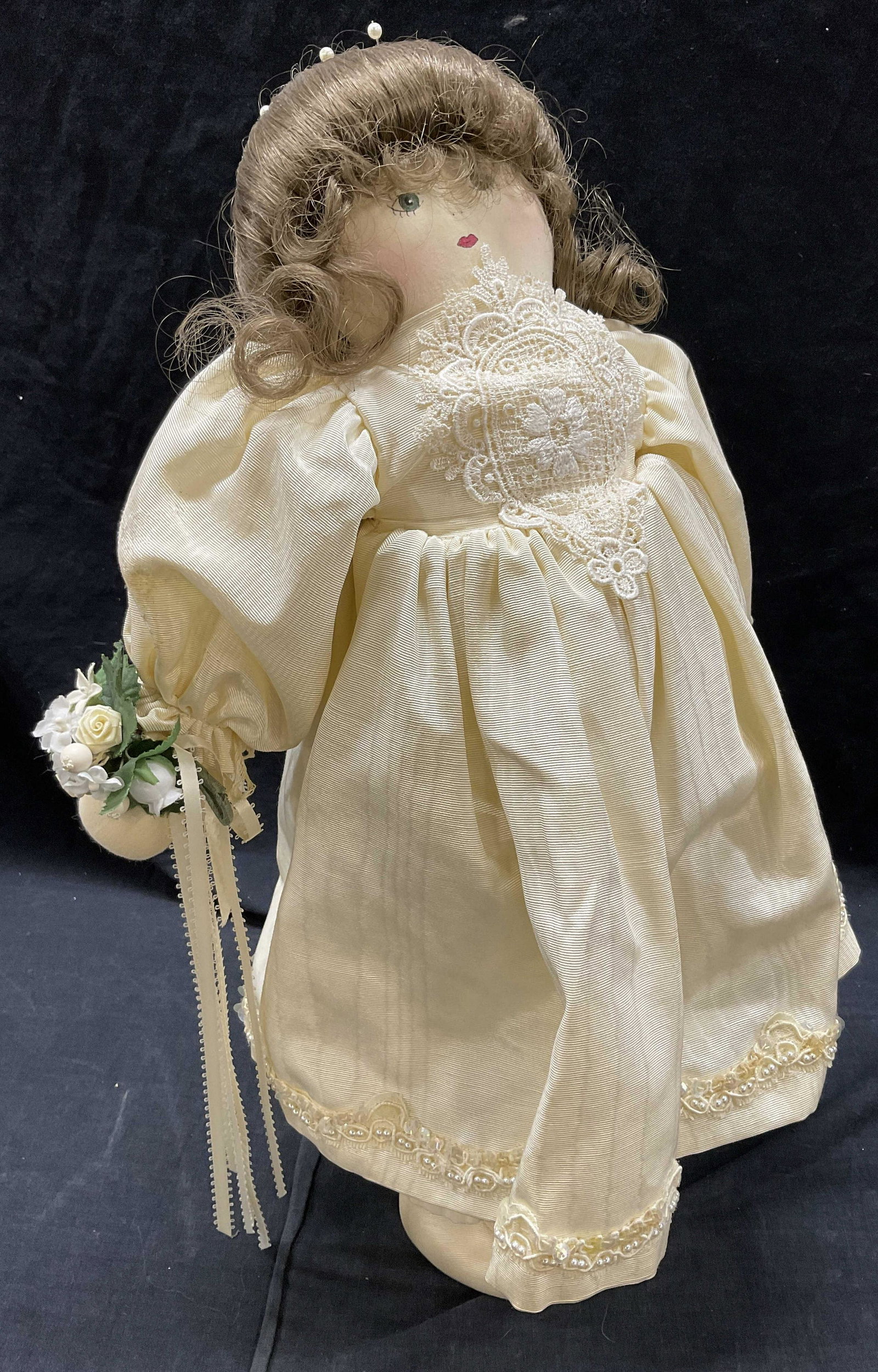 Wedding Day Bride Doll & Stand: Wedding Day bride doll with stand. Dressed all in white with touches of lace & sequin to dress. Measures approx 19 x 9 inches. Bride doll, doll, wedding day, doll, collectible, white dress, vintage we
