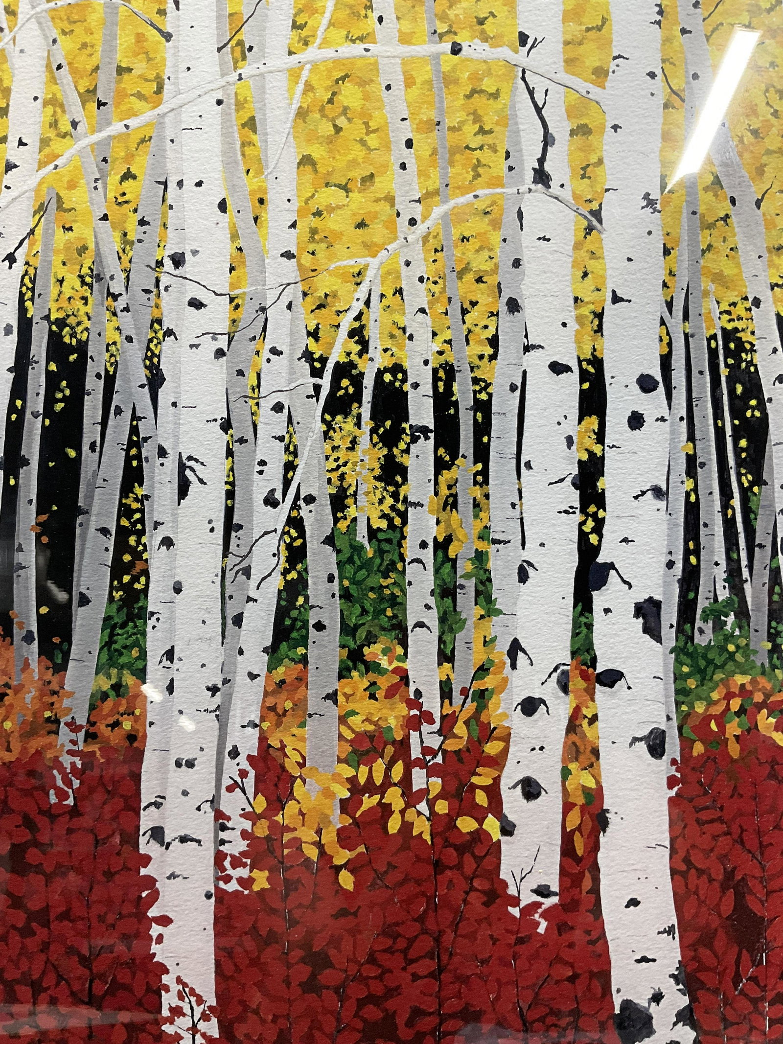 DANA Signed Gouache Painting: DANA Signed Gouache Painting, signature to lower right partially illegible, reads ‘Dana’, label to reverse reads ‘The Artist’s Supplier Jerry’s Artarama’, subject birch trees in autumn, me