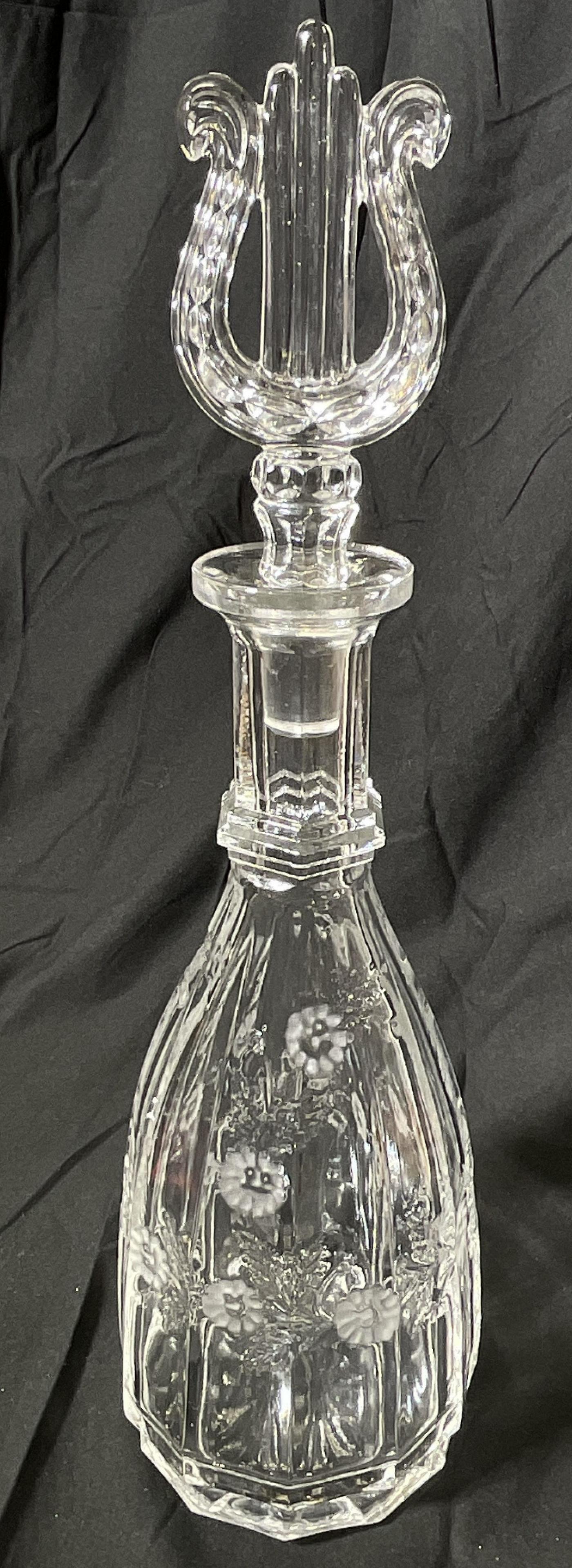Antique Frosted Daisy Pattern Wine Decanter: Elegant antique leaded frosted daisy pattern. Lid is of glass lyre finial lid. Measures approx 14.5H x 5 inches. Some wear to piece consistent with age, no notable chips to glass. Glass decanter, fros