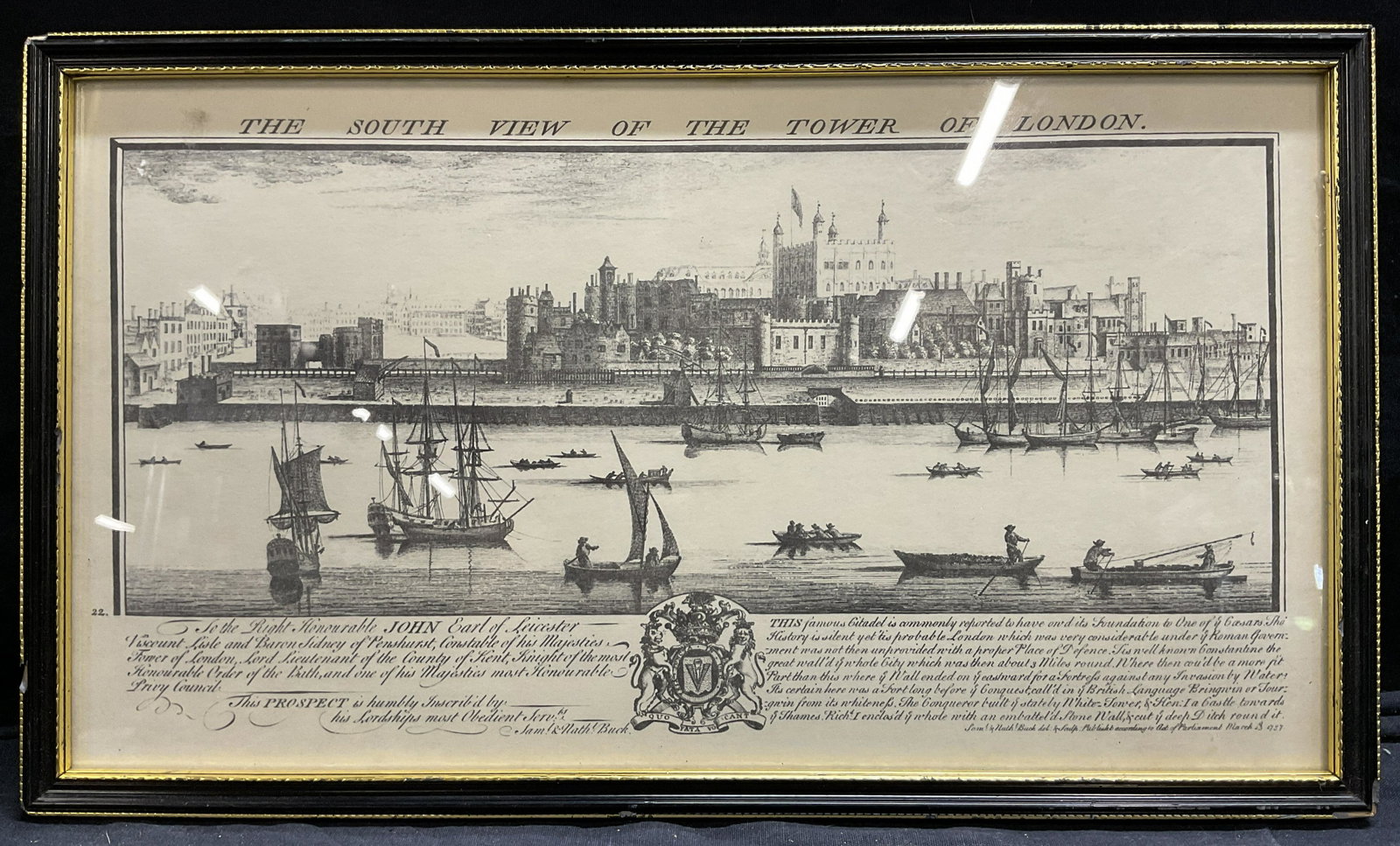 SAM & NATHANIEL PUCK Tower of London Lithograph: SAM & NATHANIEL PUCK Tower of London Lithograph, Inscriptions read ‘The South View of the Tower of London’, ‘Sam & Nath Buck del sculp Published according to Act of Parliament March 13 1737’, 