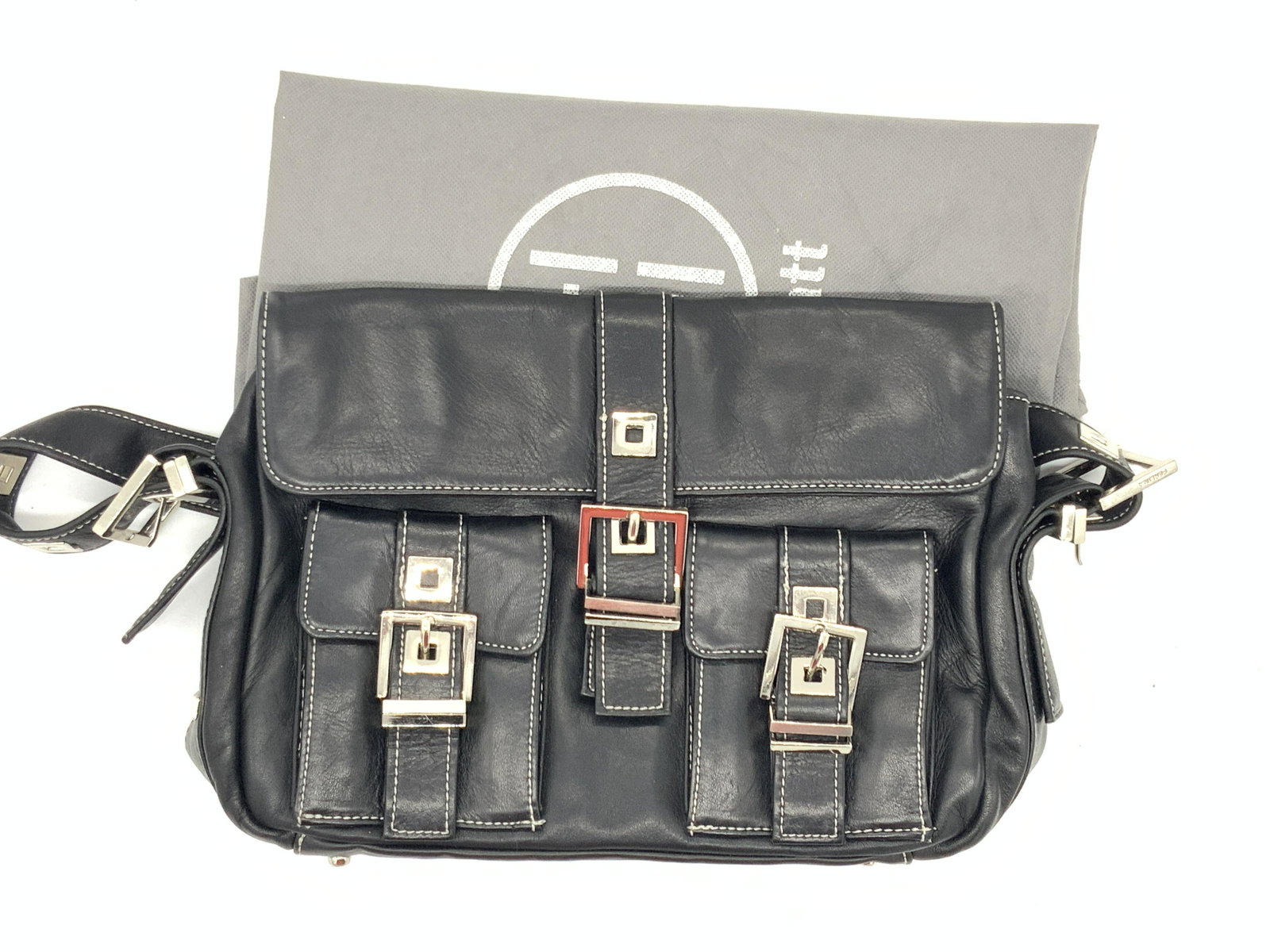 PERLINA Black Leather Shoulder Bag: PERLINA Leather Hand Bag. PERLINA label of bag. Possibly Leather. No material tag to piece. Functional zippers, two front pockets and 6 total interior pockets in a cerulean blue tone. Shoulder drop di