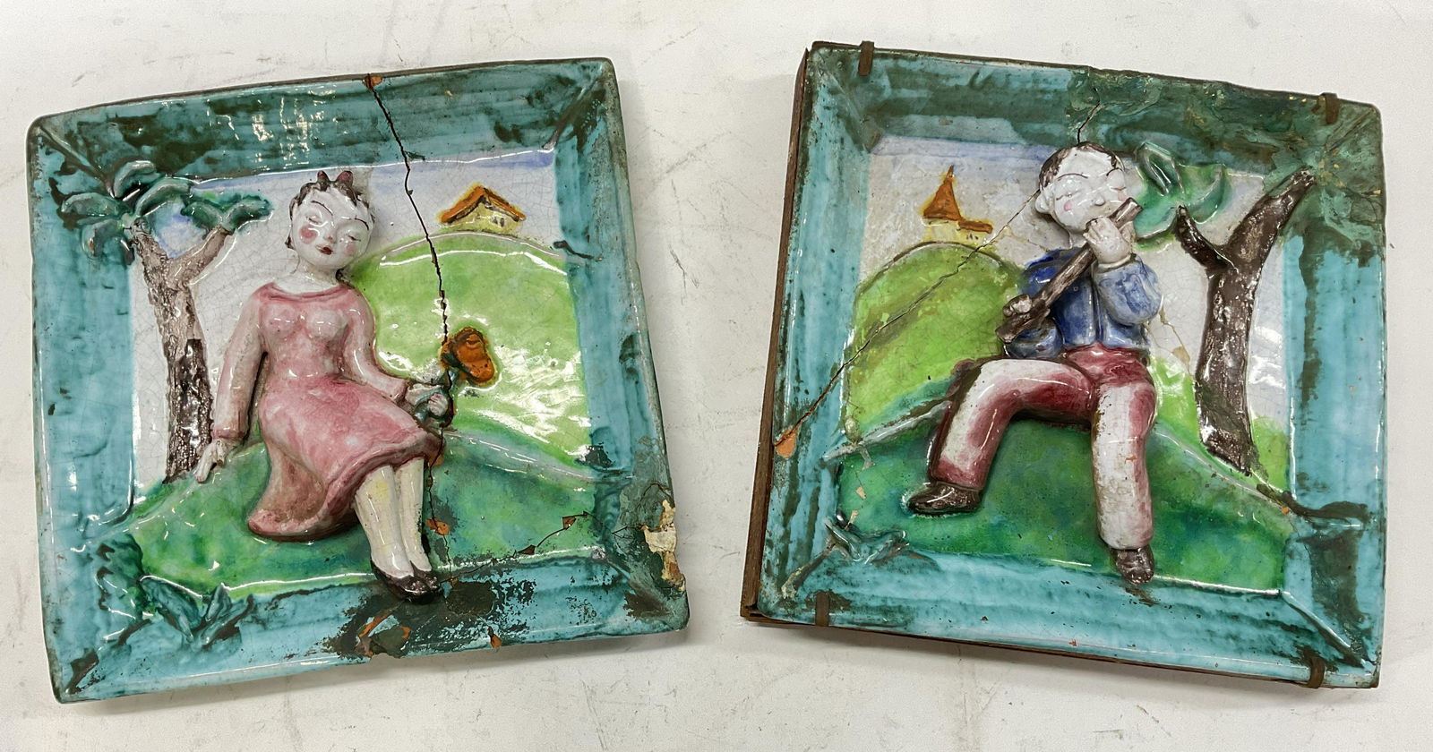 Pair Hand Made Pair Ceramic Relief Tiles (1 of 7)