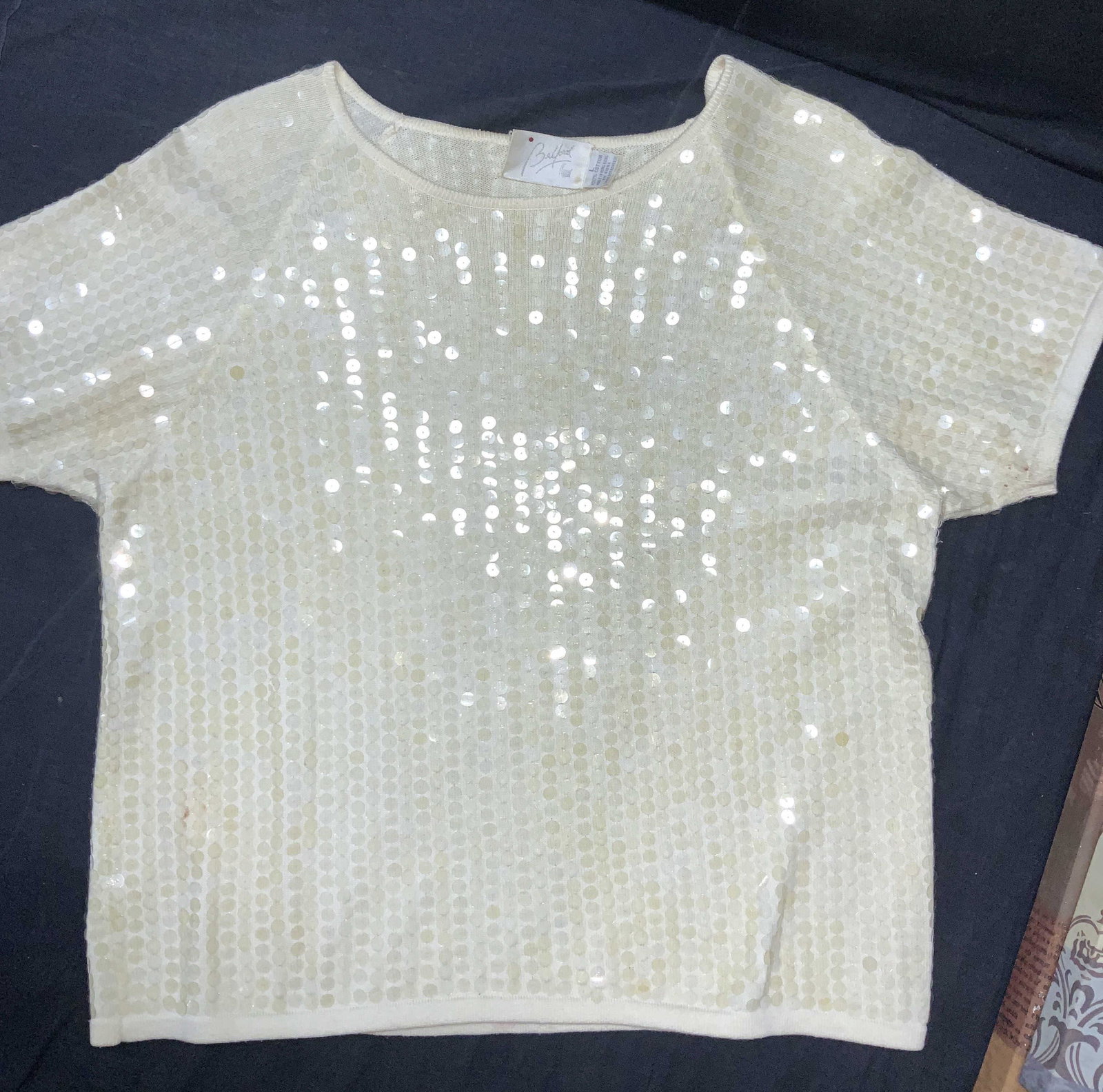 BELFORD Short Sleeve Sweater w Sequins: Made in Hink Kong is this vintage BELFORD cotton short sleeve sweater, lightweight with clear sequins. Makes a nice casual evening sweater with a little extra shine. Size Large. Needs cleaning. Proper
