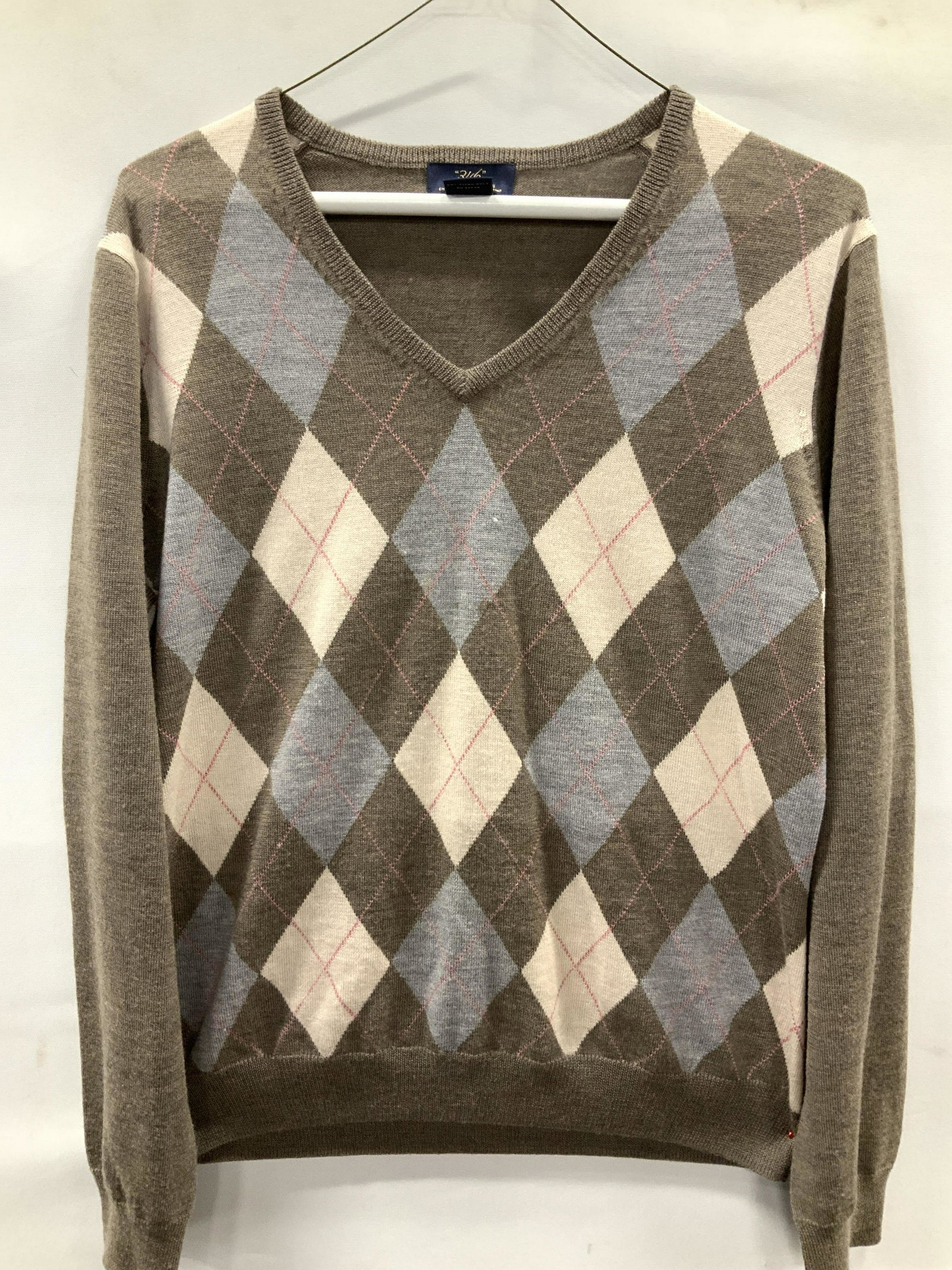 BROOKS BROTHERS Merino Wool Sweater, XL: Vintage Brooks Brothers merino wool sweater, V neck, labeled designer reads 346 Brooks Brothers Extra Fine Italian Merino. ladies Size X Large. Good Vintage condition. Argyle pattern with taupe, tan, 