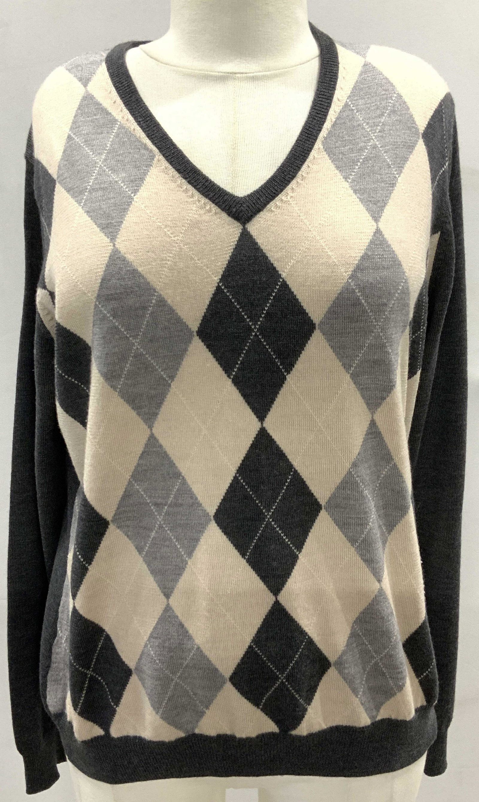 BROOKS BROTHERS Merino Wool Sweater, XL: Vintage Brooks Brothers merino wool sweater, V neck, labeled designer reads 346 Brooks Brothers Extra Fine Italian Merino. ladies Size X Large. Argyle pattern with dark grey, tan, light grey and white