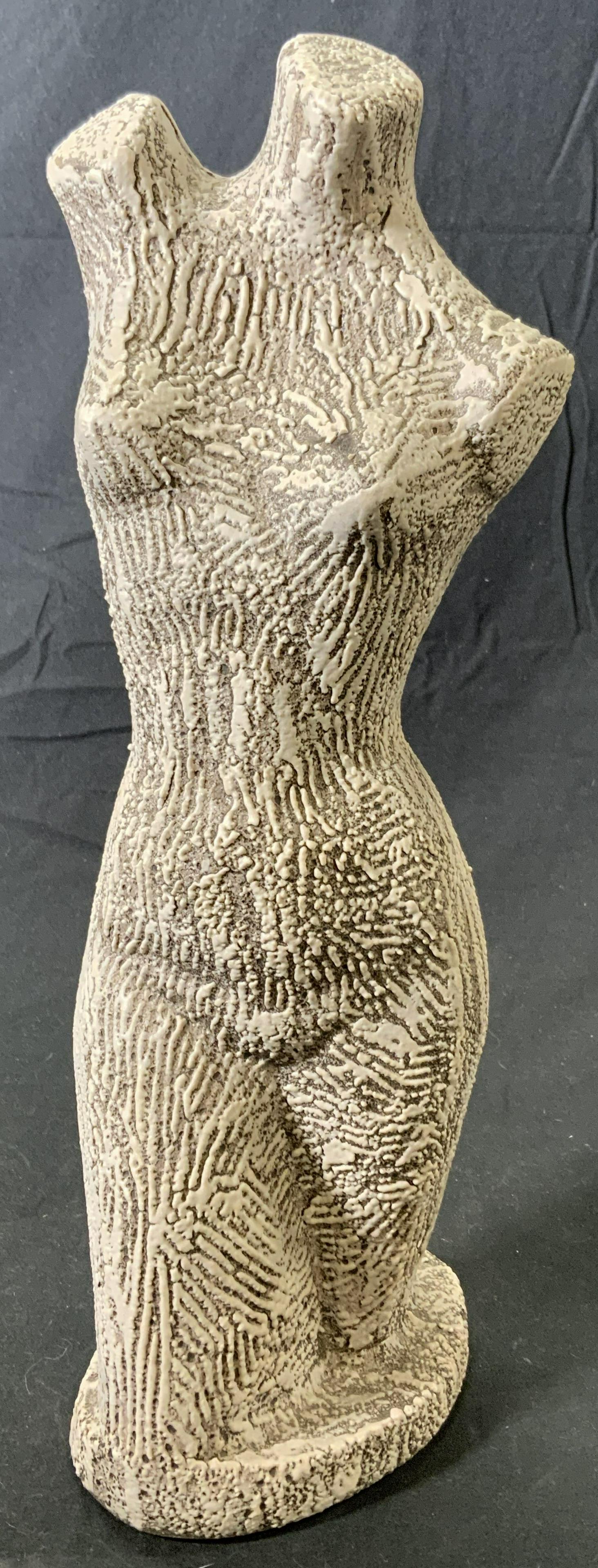 Decorative Female Nude Ceramic Sculpture: A decorative ceramic sculpture depicting a classical style female nude. Textured ceramic body. Measures approx. 5.5 x 5 x 14 inches. In good condition. Home decor, table decor, table accessories, home