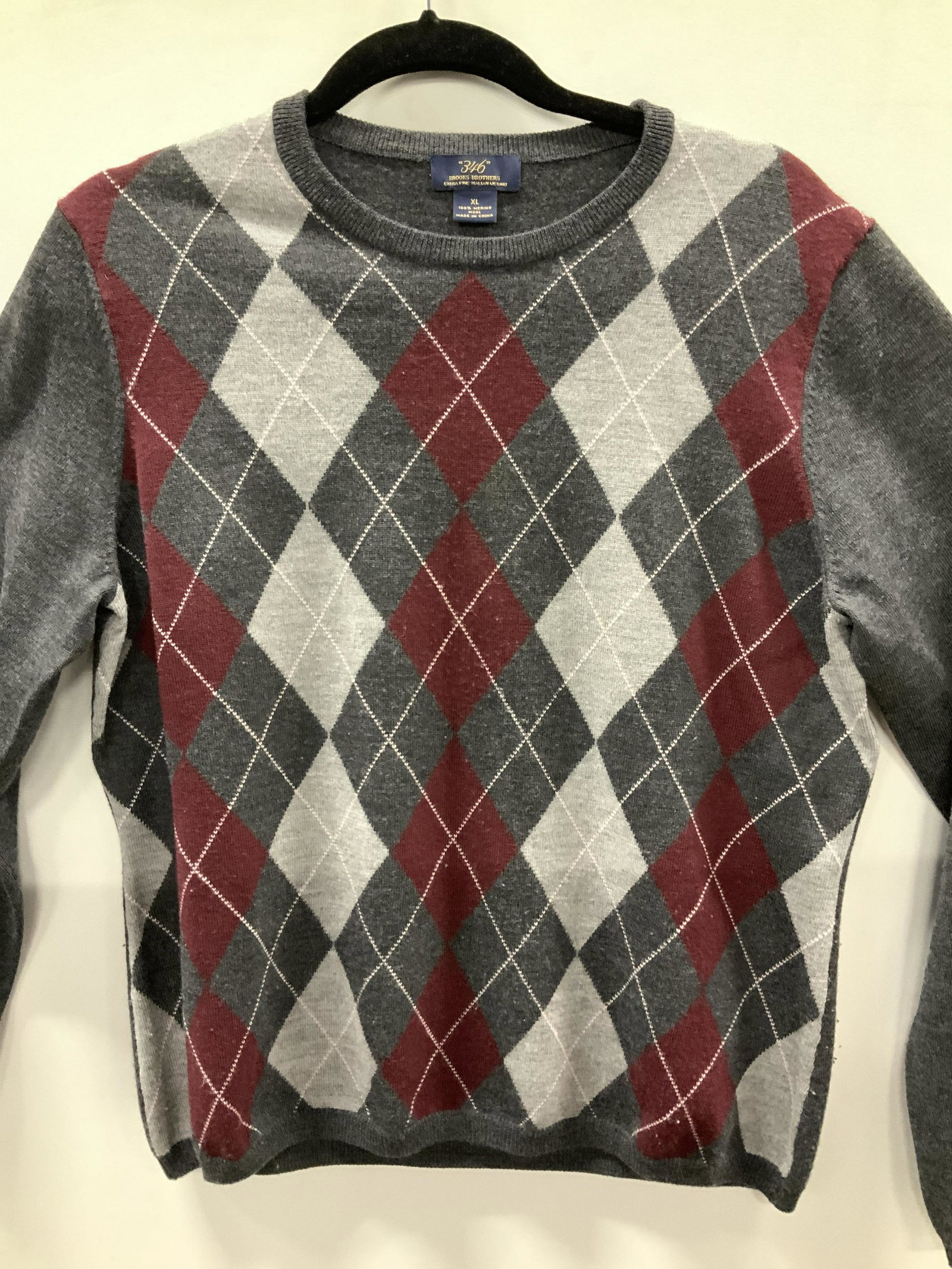 BROOKS BROTHERS Merino Wool Sweater, XL: Vintage Brooks Brothers merino wool sweater, Crew neck, labeled designer reads 346 Brooks Brothers Extra Fine Italian Merino. ladies Size X Large. Argyle pattern with dark grey, light grey, burgundy a
