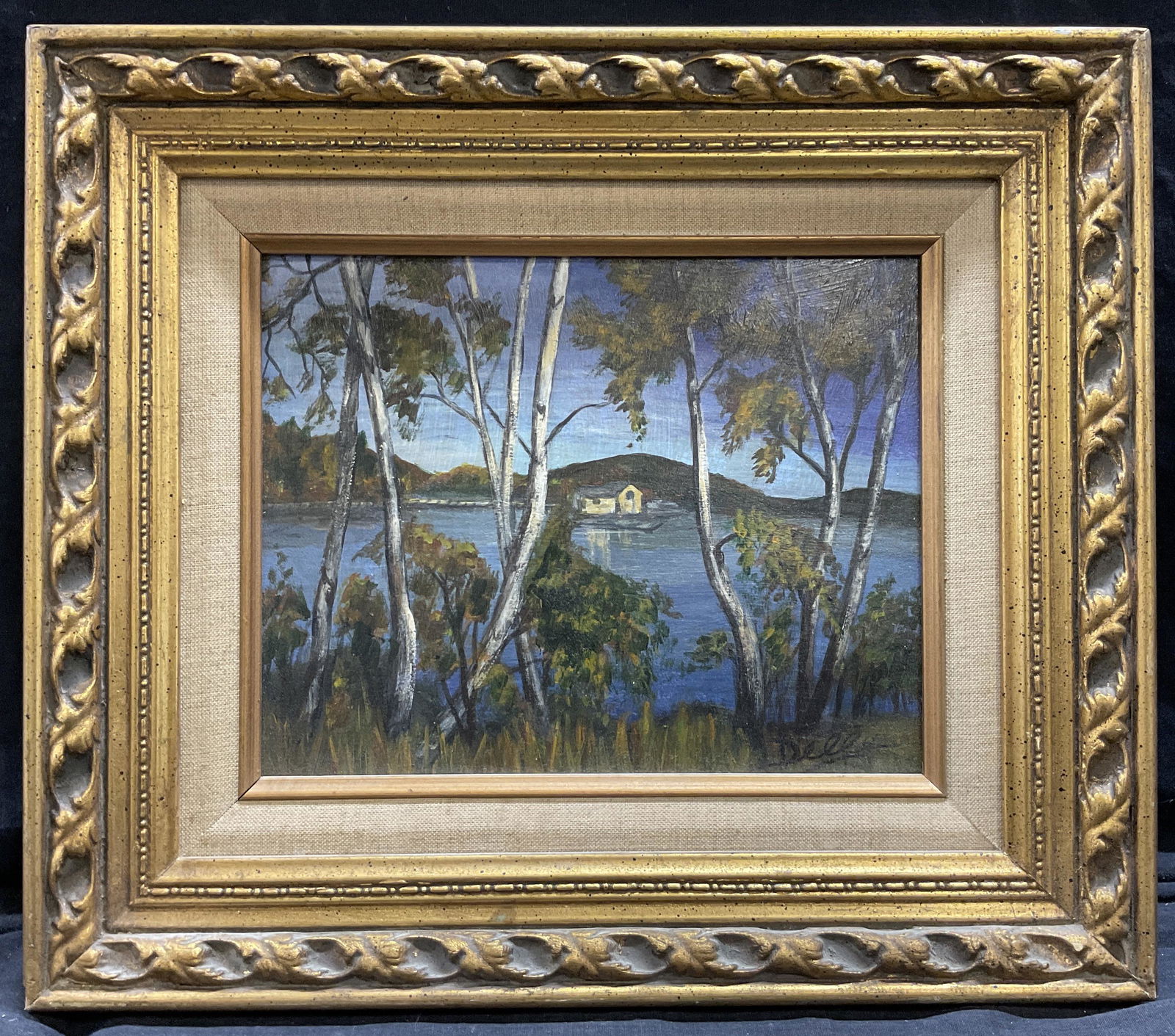 DELLE Signed Oil Painting: DELLE Signed Oil on Masonite Painting, signature to lower right reads ‘Delle’, subject a small home viewed through the trees, measures 13 1/2 x 15 1/2 inches, gilt wooden frame, surface wear to fr