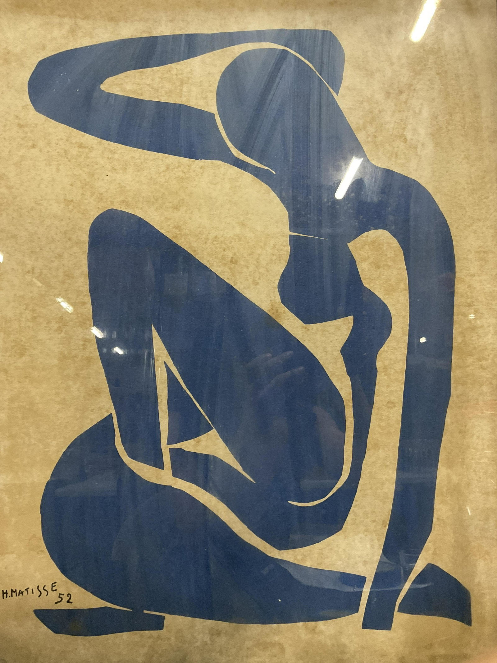 HENRI MATISSE Blue Nude Lithograph: HENRI MATISSE Blue Nude Lithograph, inscription to lower left reads ‘H Matisse 52’, subject an abstracted female nude, measures 25 1/2 x 19 7/8 inches, blue metal frame, surface wear to frame, not