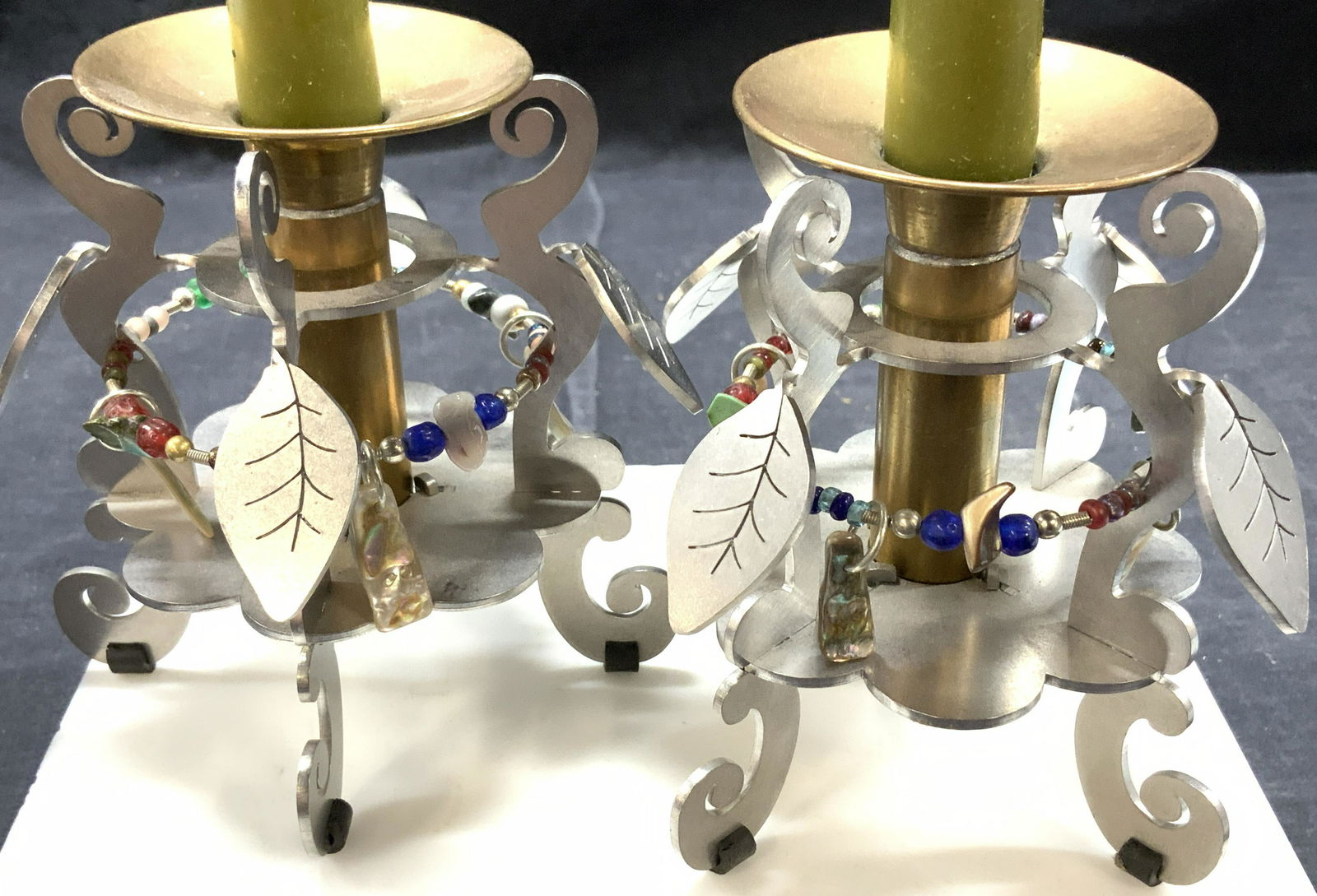 Pair Silver & Brass Toned Candle Sticks w Candles (1 of 5)