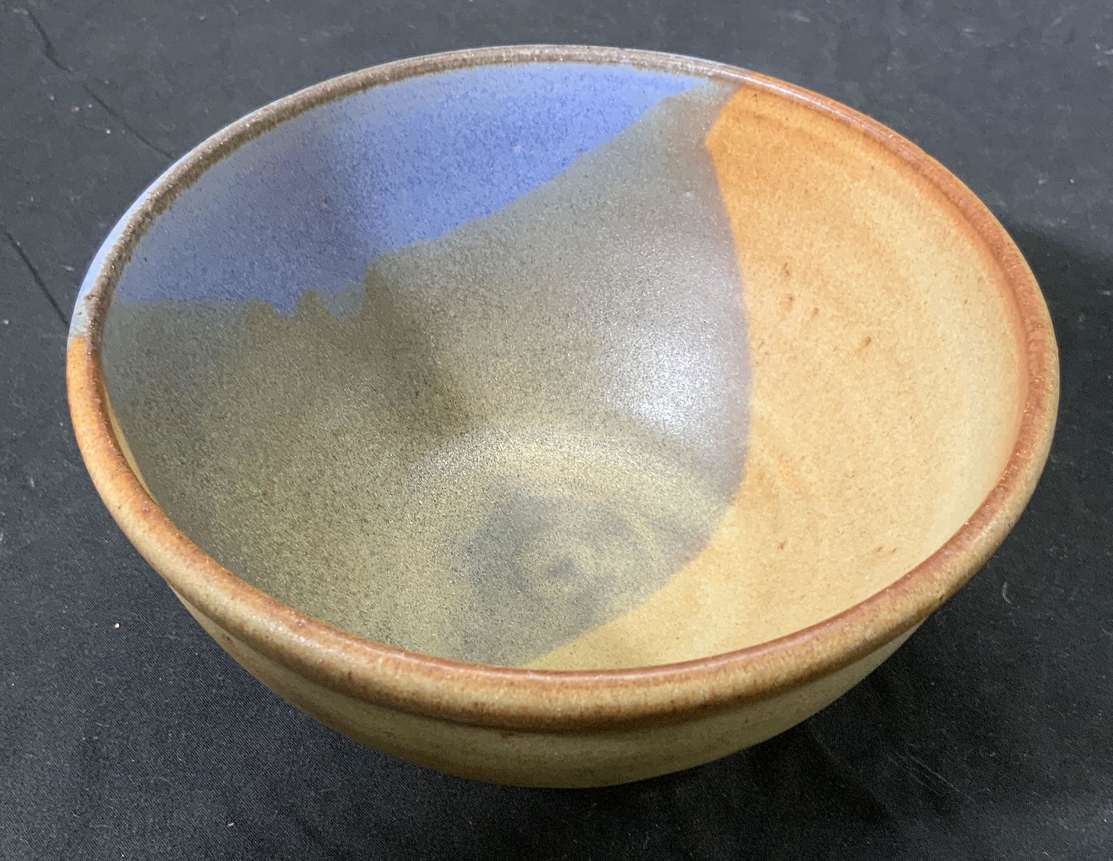 Signed Artisan Blue & Beige Pottery Bowl (1 of 5)