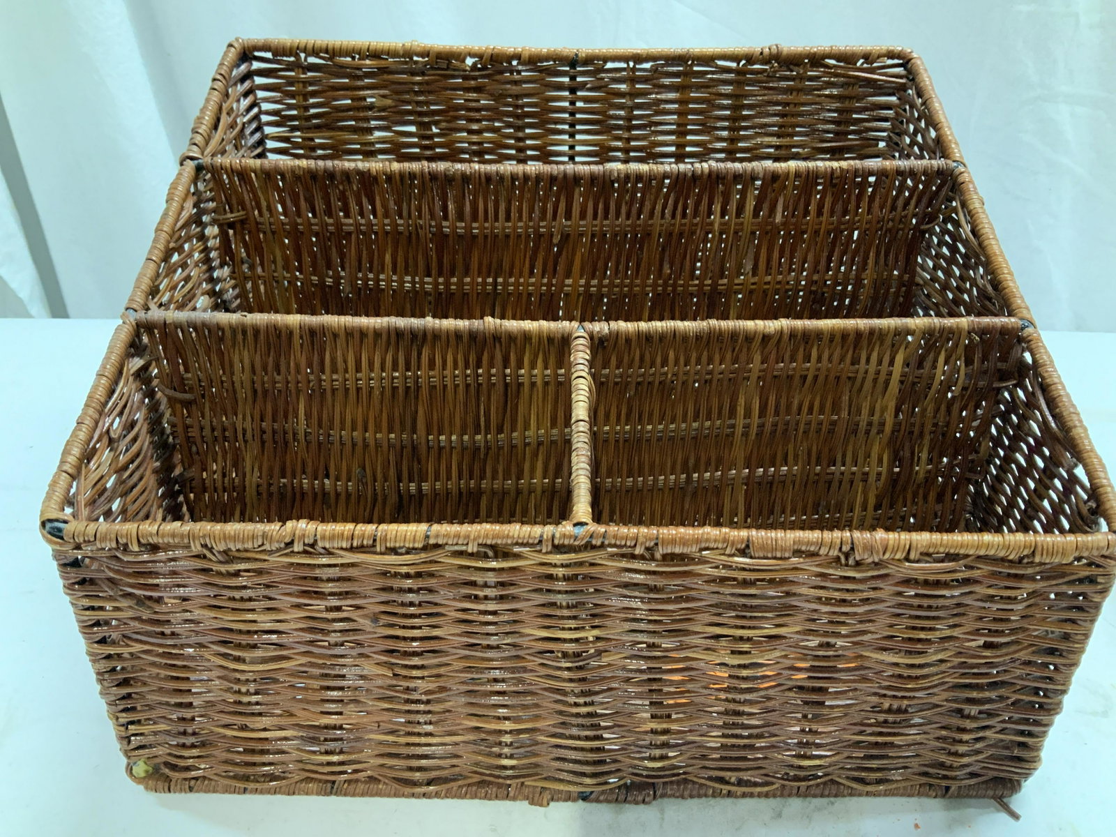 Wicker Tabletop Sorting Box: Modern wicker box for sorting mail or other items. 2 long compartments and two shorter compartments. Measures 12 x 10 x 7.5 in. (L x D x Ht). Wicker container, Wicker Desktop box, wicker tabletop box,