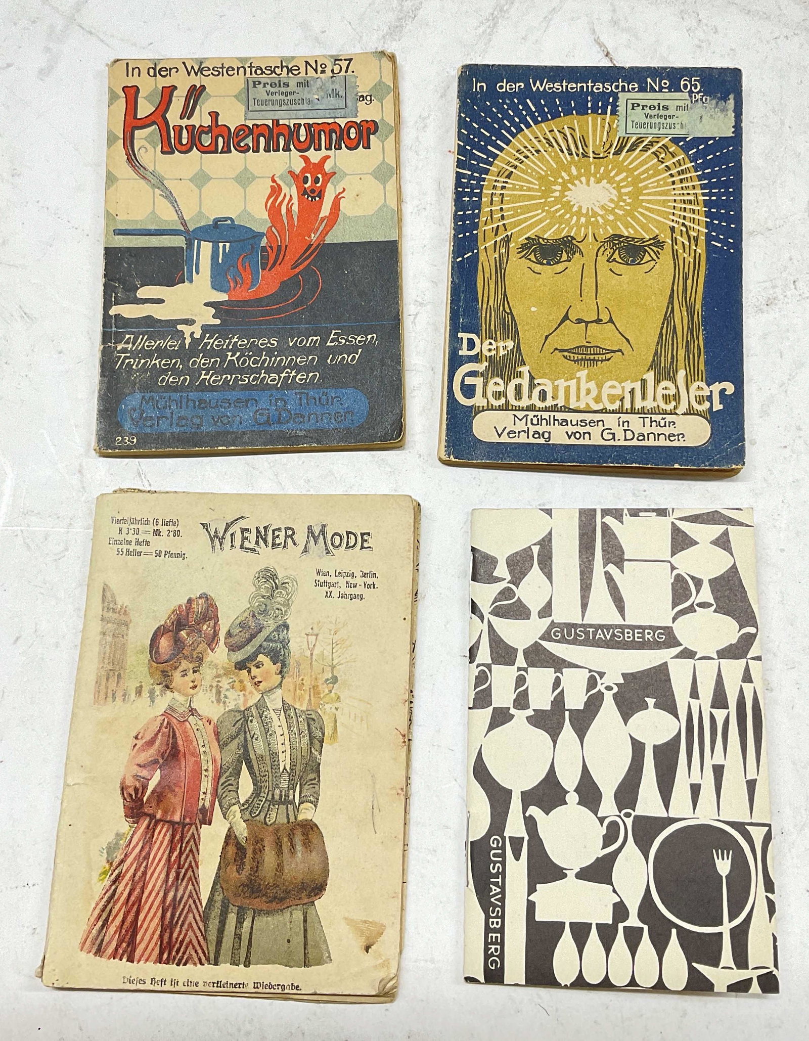 Lot 4 Miniature Paperback Books, German: Lot 4 miniature books in paper back. Cover reads ‘Gustavsberg’ with multiple blurbs about stoneware and different authors. 2 books are written in German, by G. Danner, titles read ‘ The Thought 