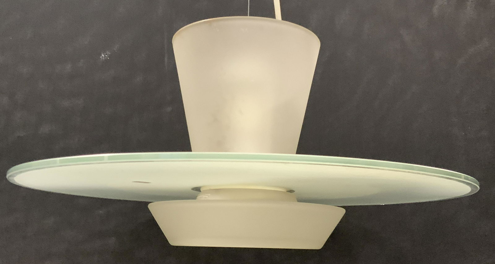 FLOS Italian MCM Opaline Glass Chandelier 1980s: Ceiling cap reads FLOS. Chandelier is opaline glass. Opaline glass chandelier with glass parts in white and aquamarine green. Piece measures approx 20 inches wide 10 inches tall without wire 32 inches