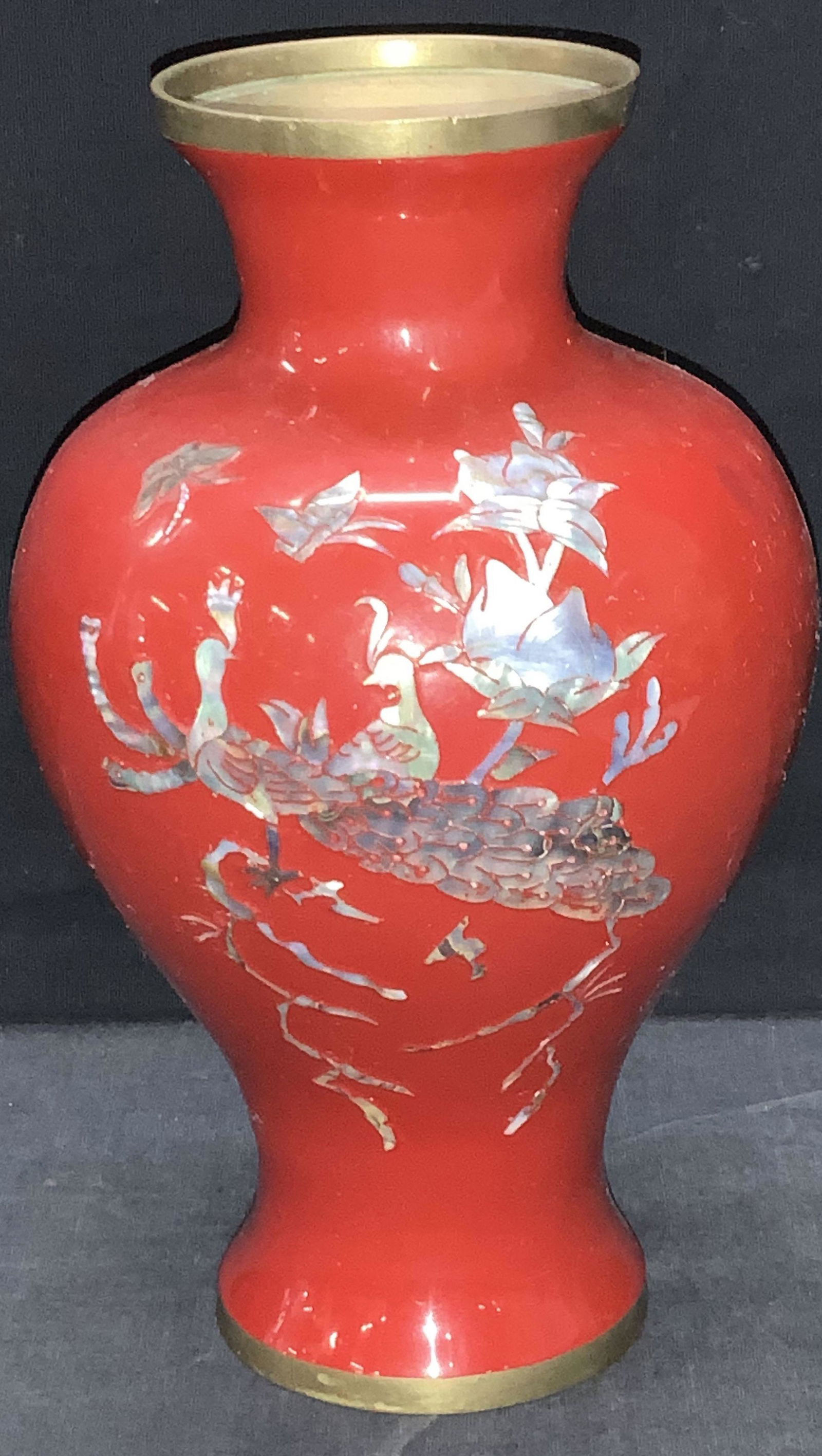 Red Enamel & Mother Of Pearl Peacock Vase (1 of 6)
