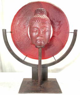 MARLENE ROSE Signed Crimson Wood Circle Buddha: MARLENE ROSE Signed Crimson Wood Circle Buddha Large sand blasted red and iron sculpture, contemporary. Buddha head & circle are red toned. Circular structure rests in spokes of iron base.. Piece