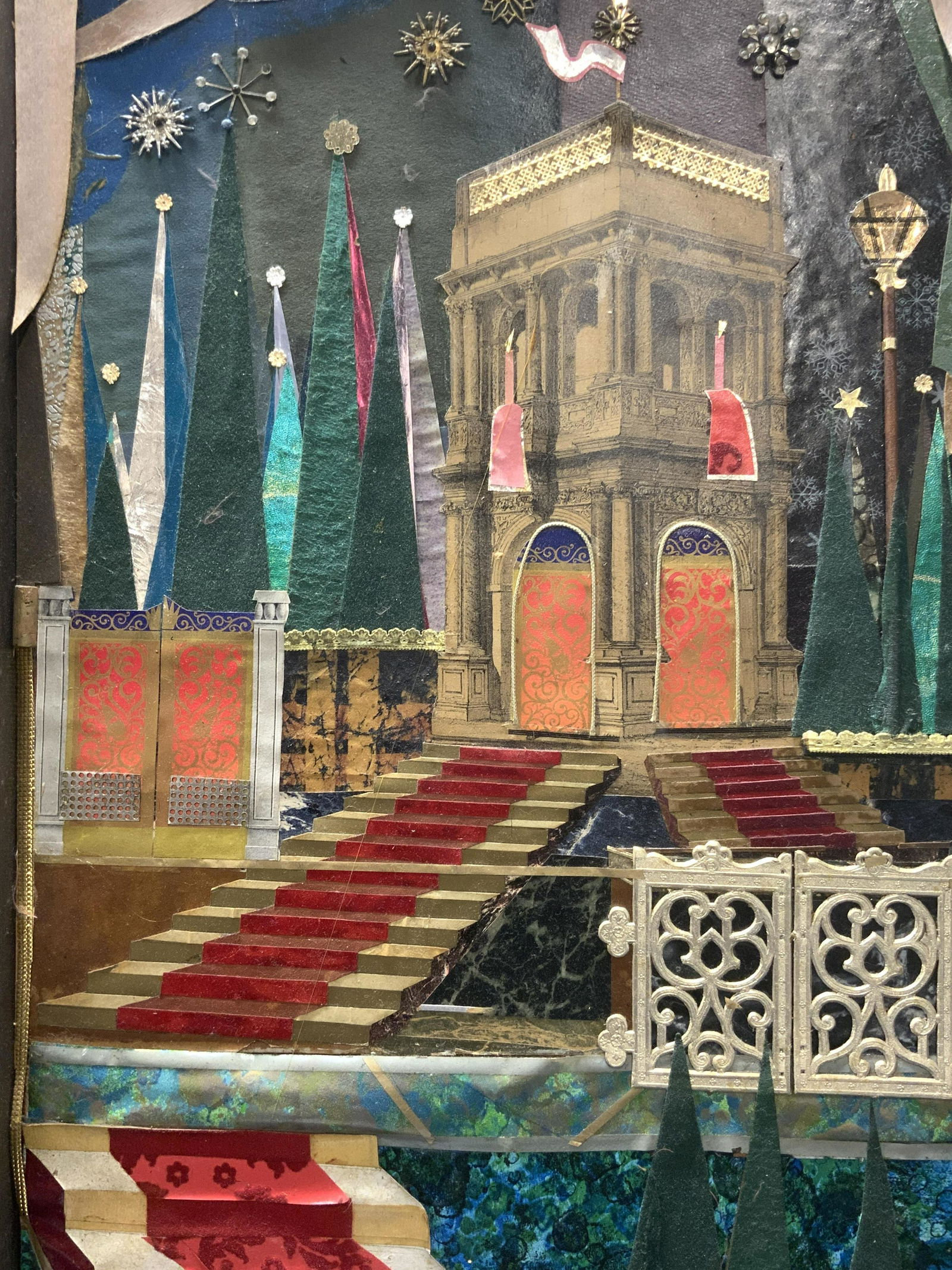 RITA BOLEY BOLAFFIO Regal Steps Collage: RITA BOLEY BOLAFFIO Regal Steps Collage, signed â€˜Rita Boley Bolaffioâ€™, subject shows red carpeted stairs leading to a tower with trees and stars, in frame measures approx 34 1/2 x 15 1/2