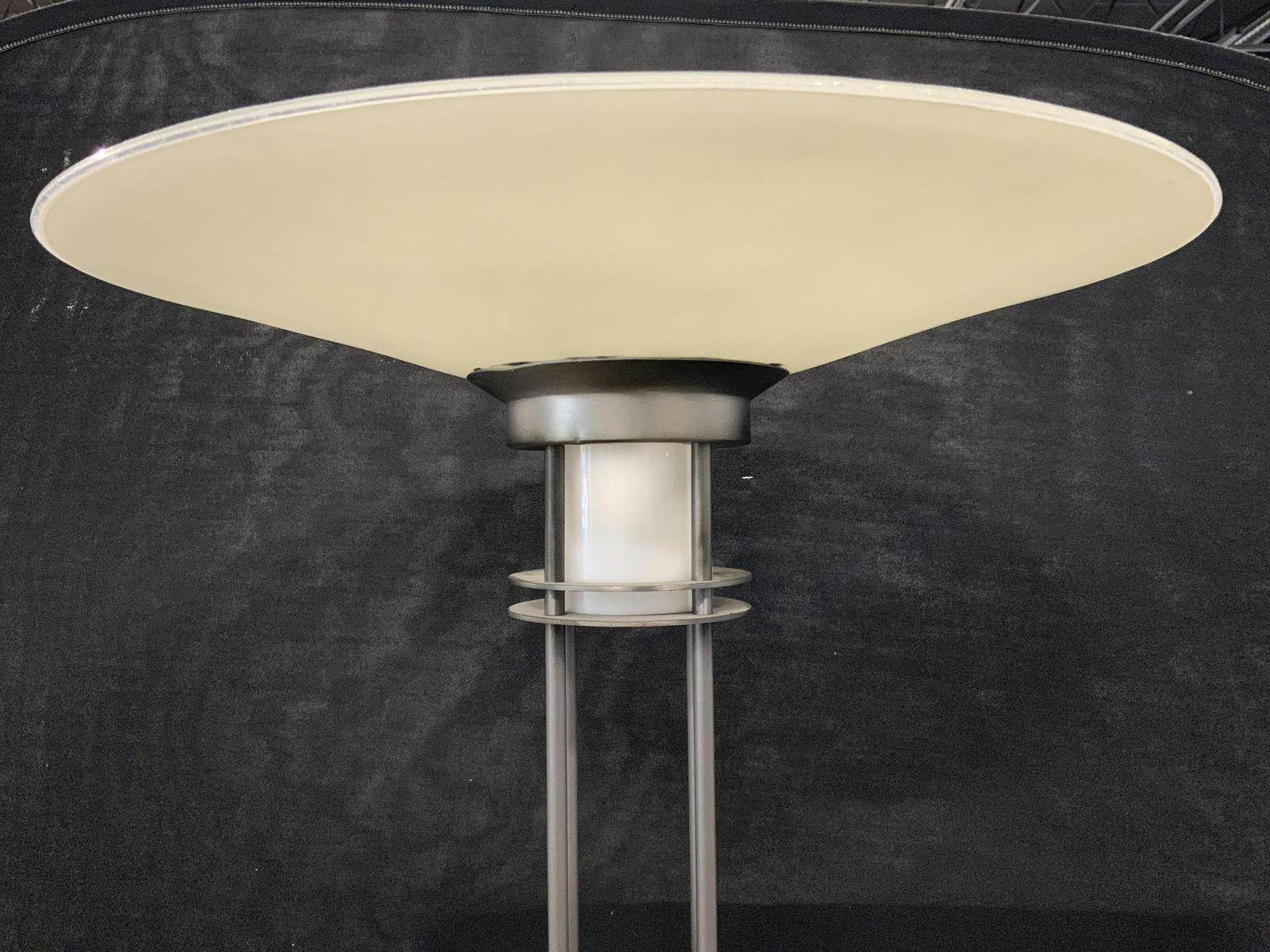ROBERT SONNEMAN Kovacs Postmodern Floor Lamp: ROBERT SONNEMAN Kovacs Postmodern Floor LampRobert Sonneman for Kovacs Postmodern Torchiere Floor Lamp, circa 1980s. Lamp has cream/white glass shade at top. Piece has circular shaped metal base. Lamp