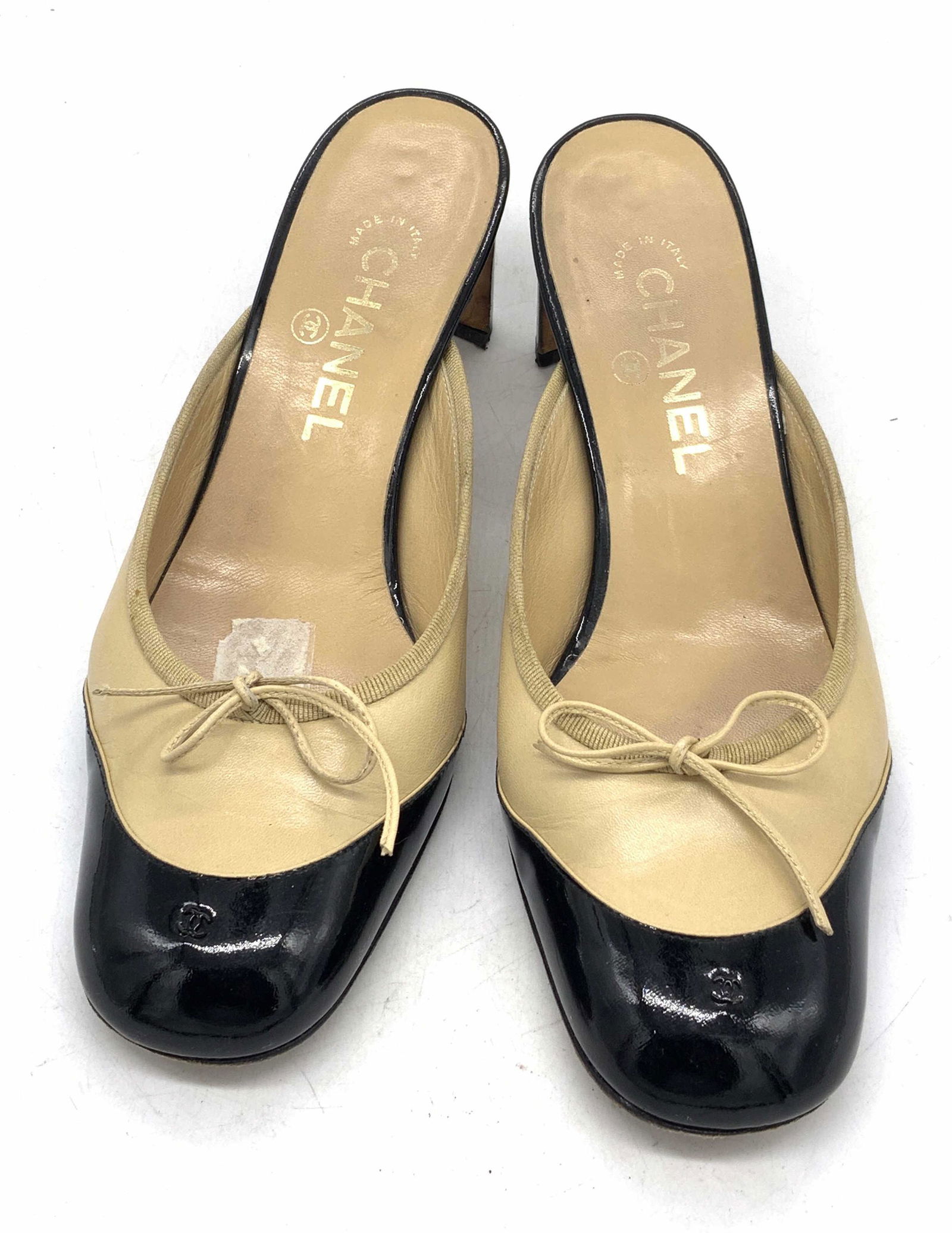 CHANEL Beige & Black Leather Heeled Mules, France (1 of 8)
