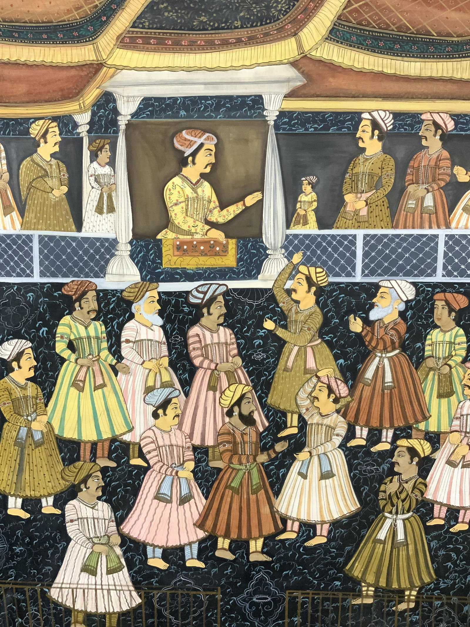 Medieval Islamic Style Silk Painting XL: Medieval Perspective Islamic Style Ink Painting on Silk XL, no apparent inscriptions, medieval perspective subject shows gathering of noblemen, silk ink painting on board mounted to black felt matting