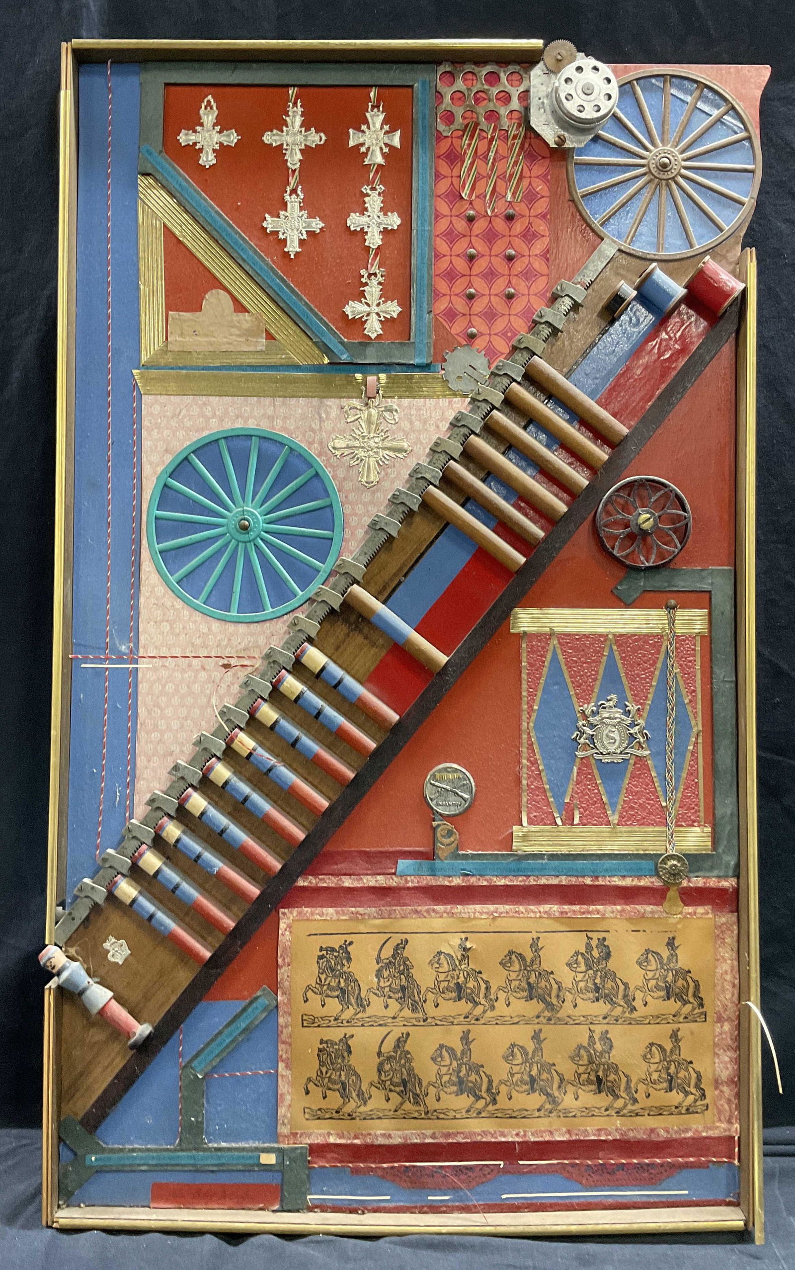 RITA BOLEY BOLAFFIO Signed Military Collage Art: RITA BOLEY BOLAFFIO(Italian 1898-1995)Signed Military Collage Art, signature to lower left reads ‘Rita Boley Bolaffio’, label to reverse from museum exhibition reads ‘’Museum Section Guild Hal