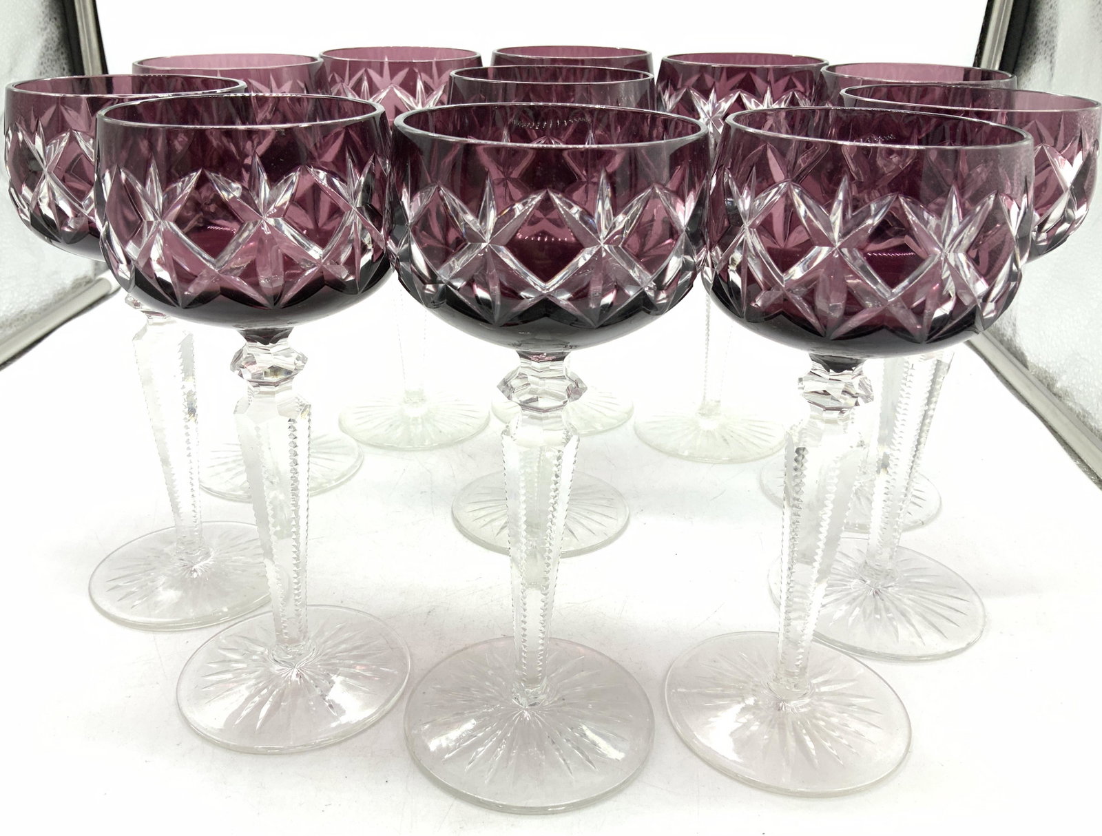 Set 11 Amethyst Bohemian Crystal Stemware: Set of 11 Star pattern Bohemian Crystal goblets in amethyst. 7.5 x 3.5 in. Bohemian Crystal Goblets, Amethyst Toned Boho Crystal, Luxury Crystal Stemware, Vintage Crystal Wine Goblets, luxury Barware,