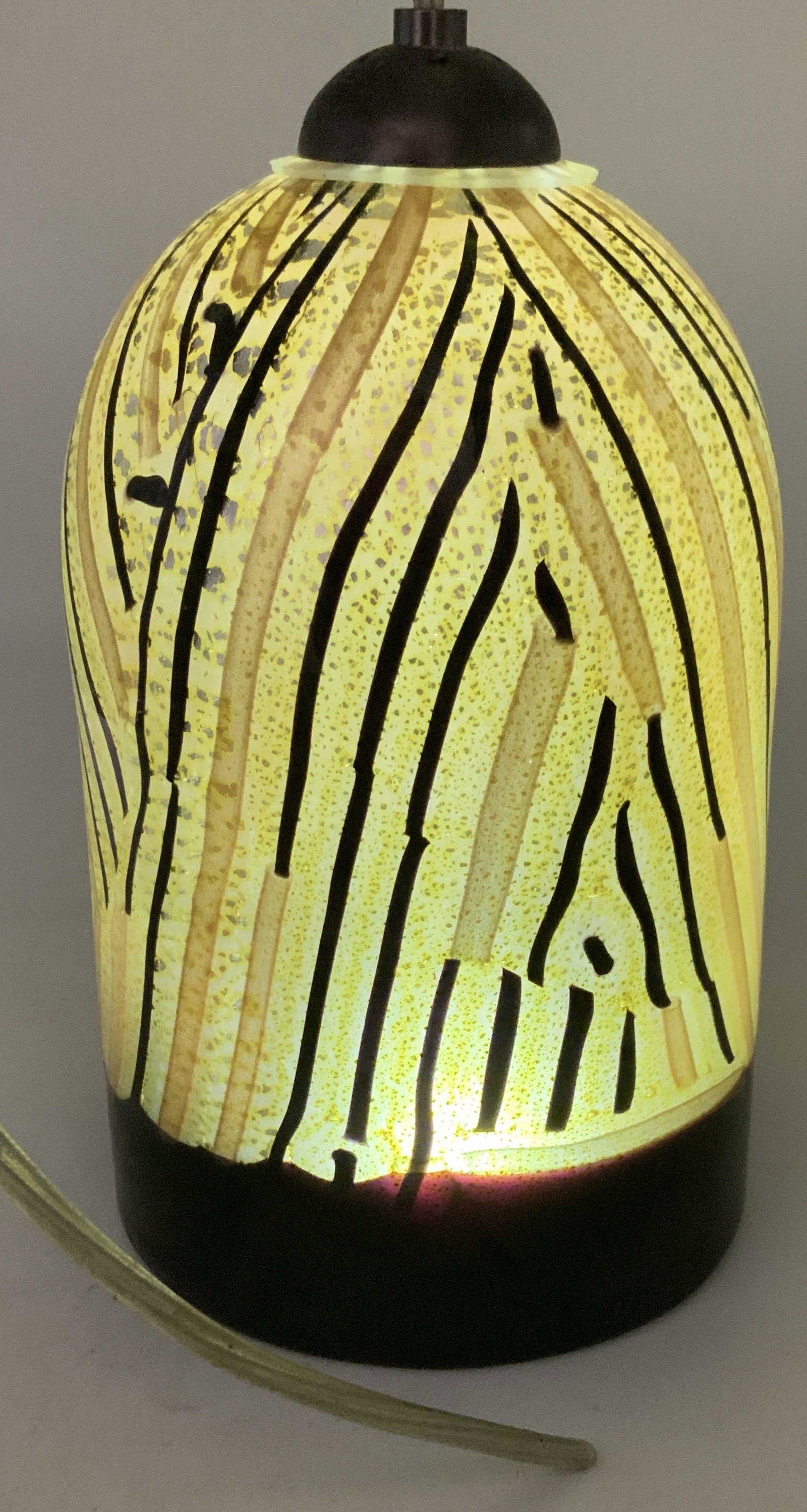 Murano Art Glass Zebra Stripe Pendant Light: Luxury Glass Pendant Lamp, animal stripe with gold flecks and black stripes. Thought to be Murano glass. shade measures 9 x 5.75 in. Need to be re wired. Murano Glass Pendant shade, Venetian Glass, Ar