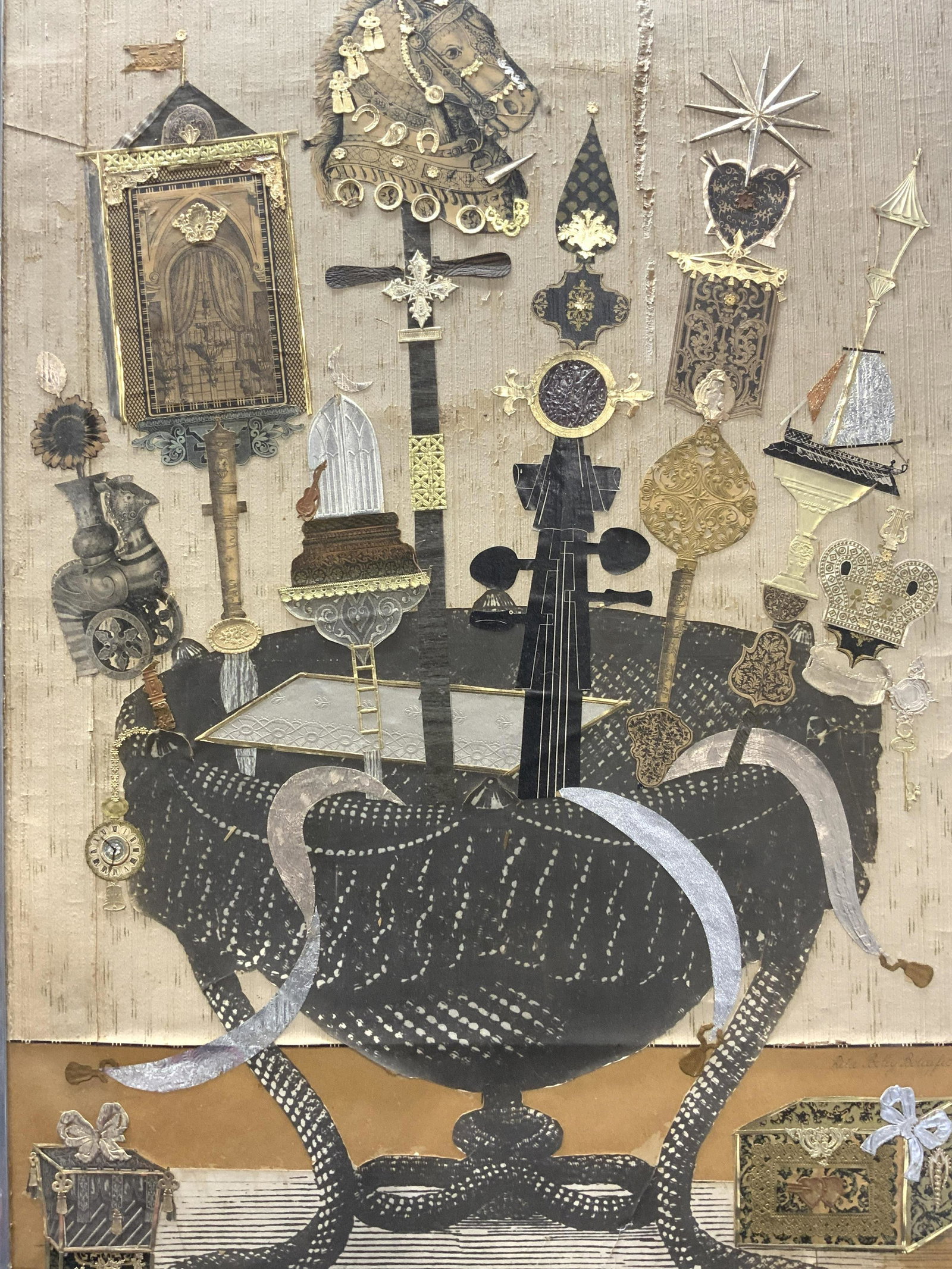RITA BOLEY BOLAFFIO Baroque Cauldron Decoupage: RITA BOLEY BOLAFFIO Baroque Cauldron Decoupage, signed â€˜Rita Boley Bolaffioâ€™, to lower right, subject shows cauldron with medieval/renaissance/baroque motif. In frame measures approx 36 1