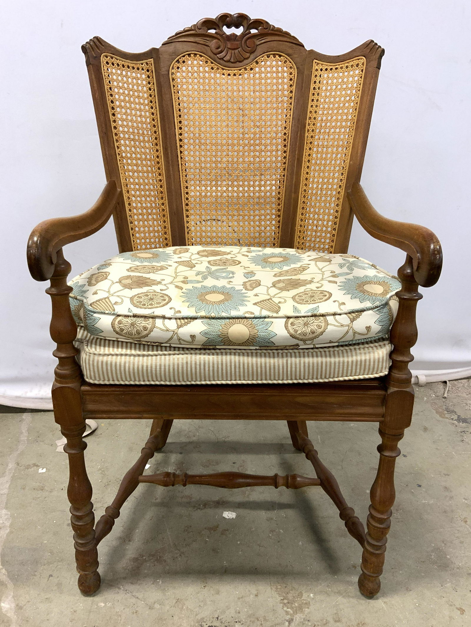 Carved Wooden & Cane Armchair W Floral Cushions (1 of 10)