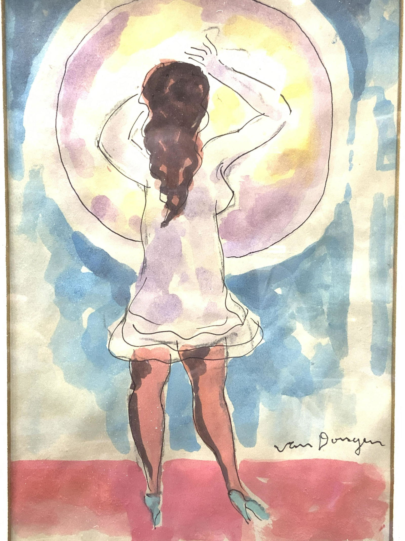 ATTR VAN DONGEN Watercolor & Ink Painting: ATTR KEES VAN DONGEN Watercolor & Ink Painting, signed â€˜Van DONGENâ€™ in lower right, subject shows the back of a woman facing a circle, in frame measures approx 16 3/4 x 12 1/2 in., gold t