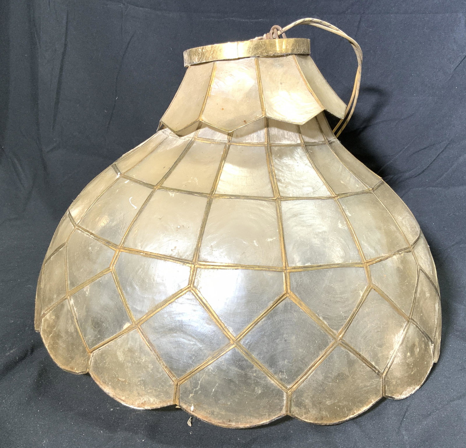 Vintage Mica Shade Ceiling Lamp: Ceiling lamp is vintage. Piece has shade which appears to be Mica. Shade has dome shape. Piece measures approx 16 inches wide 12 inches tall without chain. Lamp, ceiling lamp, vintage lamp, lighting, 