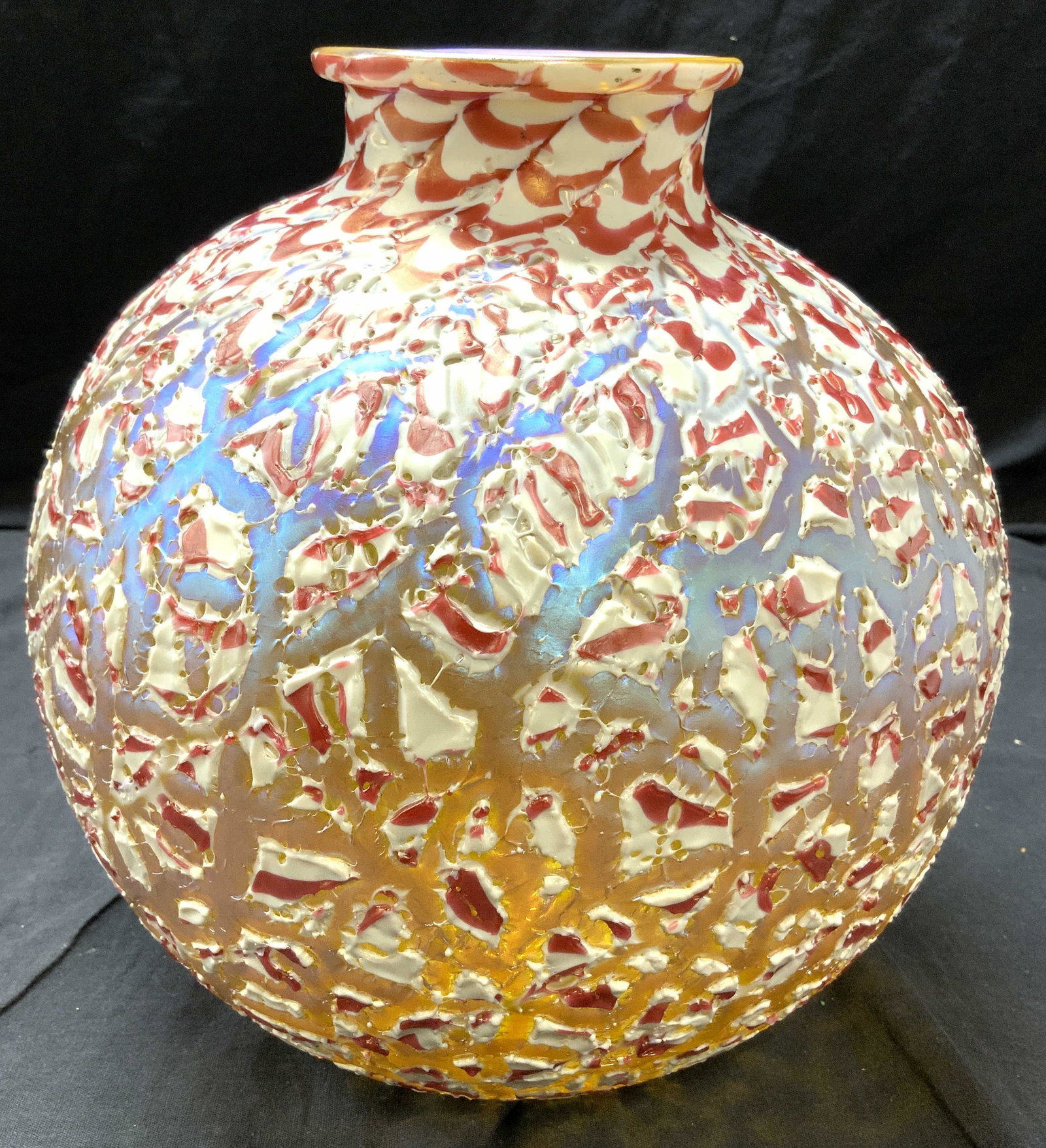 DURAND MOORISH Crackle Art Glass Vase: Vase has areas of Iridescent finish, in addition to red and white toned areas. Interior is yellow toned. Vase measures approx 10 inches tall and wide. Vase, vessel, Art glass, Art glass vase, Durand m