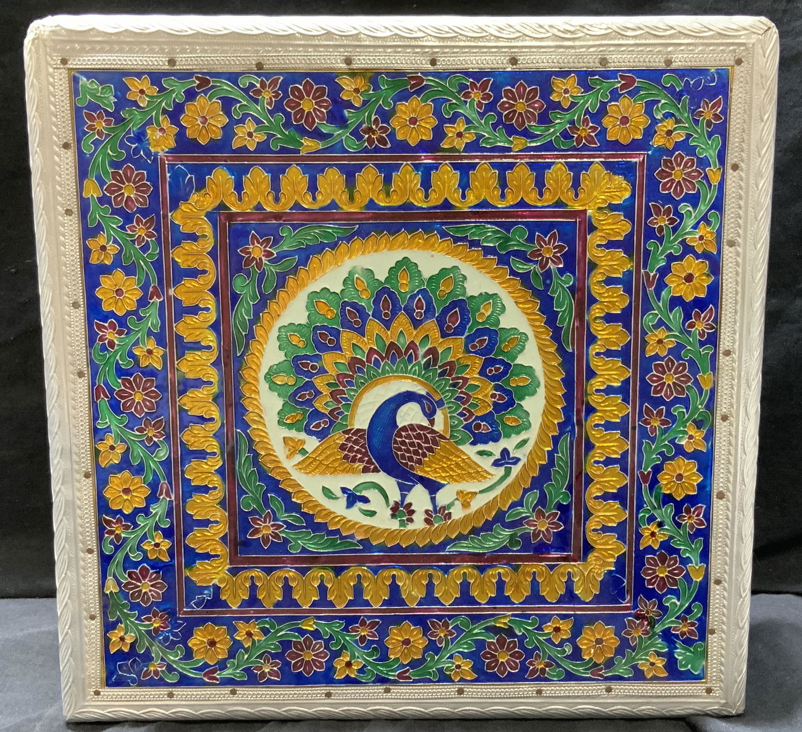 Enameled Tin over Wood Jewelry Box w Peacock (1 of 7)