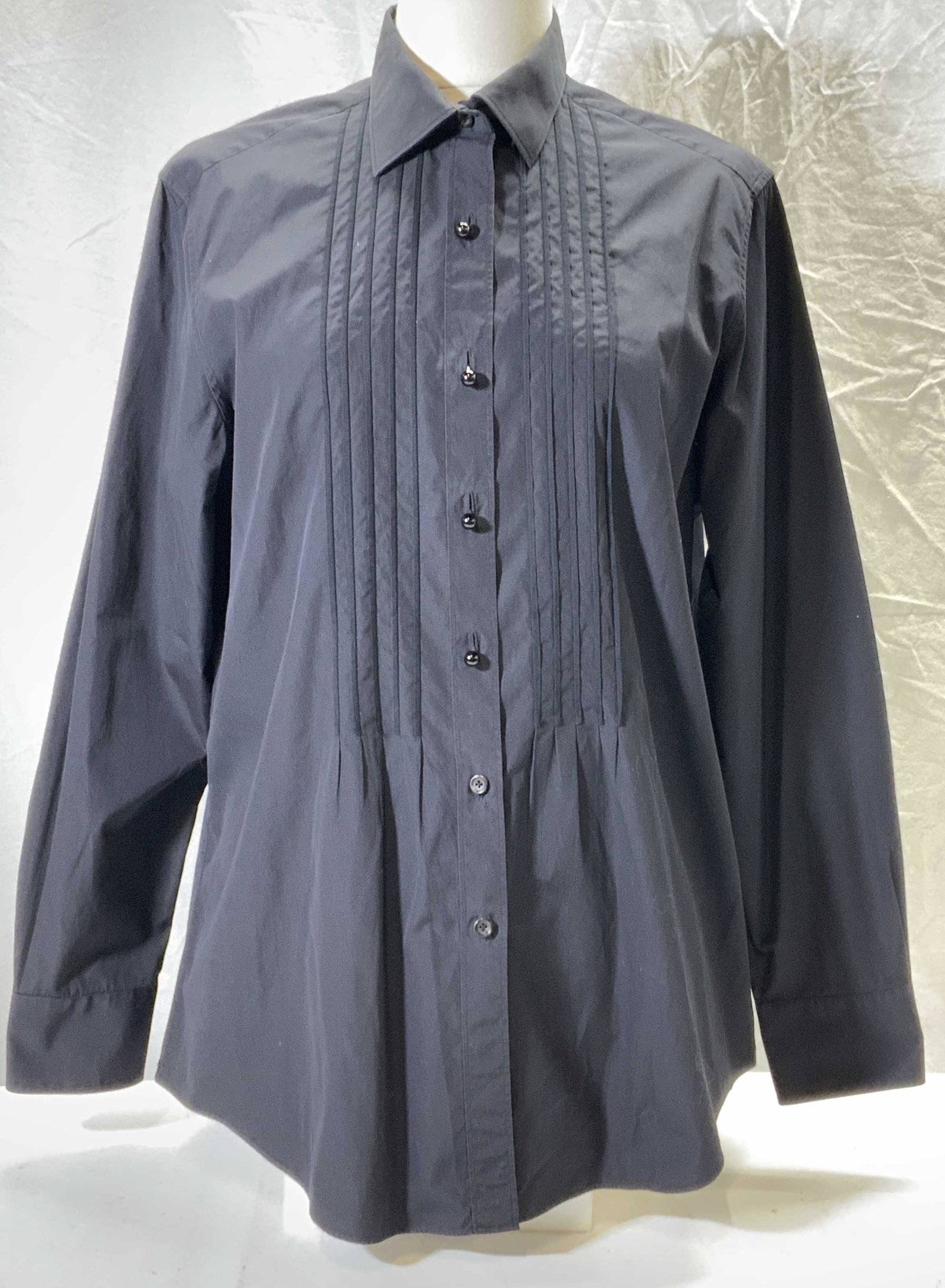 LANVIN Navy Blue Button Up Shirt, France: LANVIN navy blue button up shirt with bib style detail and round buttons on torso. Size and material label removed, LANVIN designer label below collar. Shirt measures 23 inches across chest. Property 