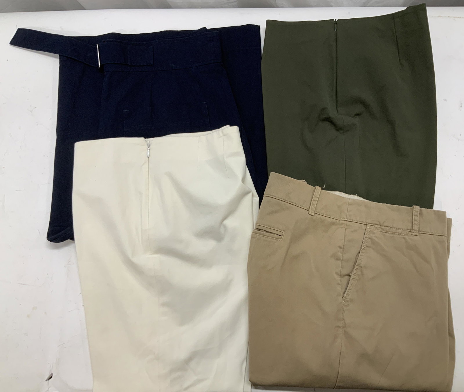 Lot 4 Designer Pants, Wide Leg Crop, P SEMPIONE,: Lot 4 Cotton and Spandex Pants, Vintage J Crew straight leg in tn, size 14. Broken in feel, 40.5 in. Long. PIAZZA SEMPIONE Audrey pants, olive green , slightly tapered leg and wide hips, waist 34-35 i