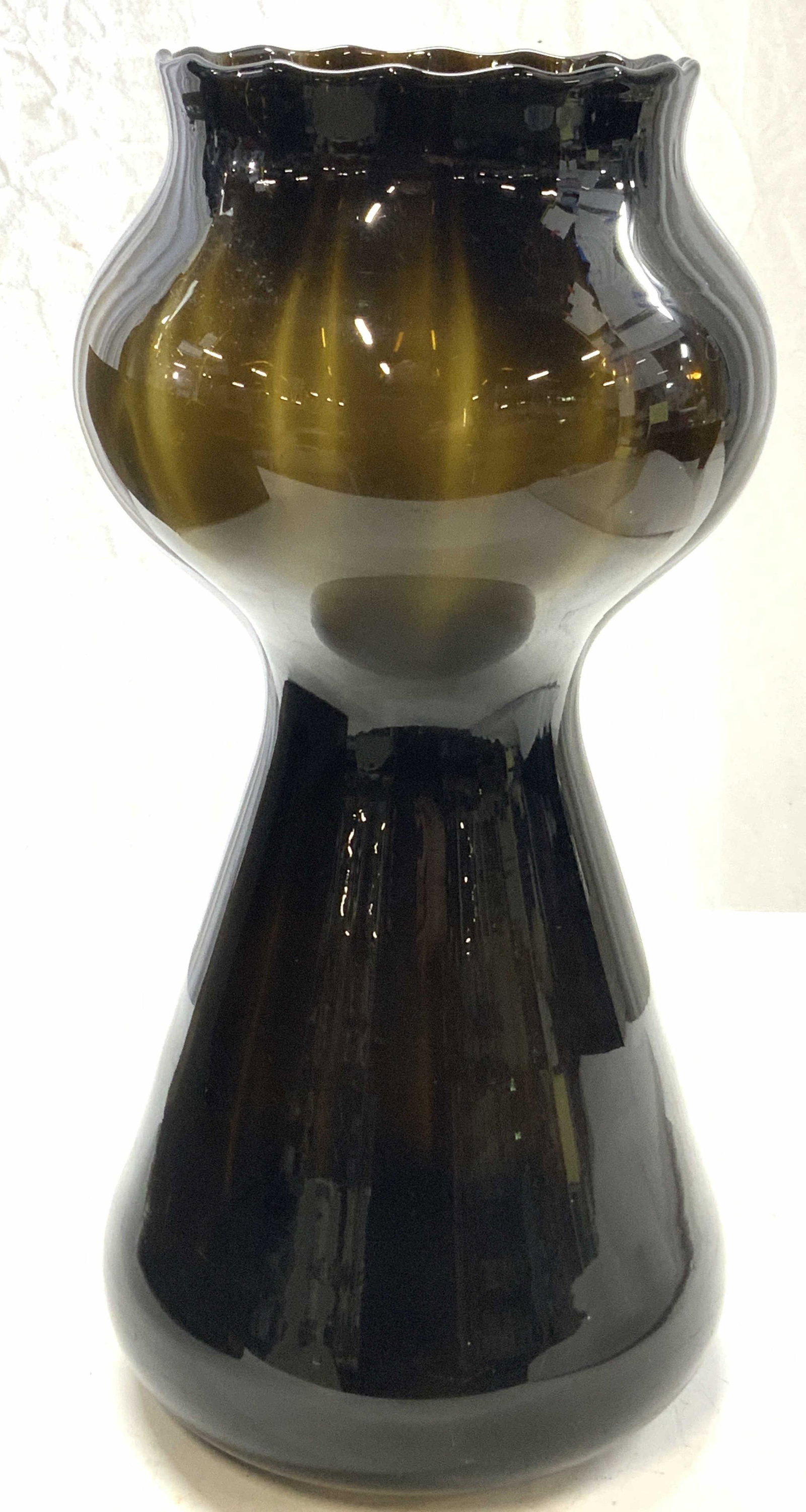 Mid Century Modern Large Smokey Glass Vase: Mid century modern large Smokey glass vase. Made in Belgium. Some wear to surface. Measures approx. 8 inches diameter and 15 inches tall. Mid century modern, mid century modern vase, large vase, art g