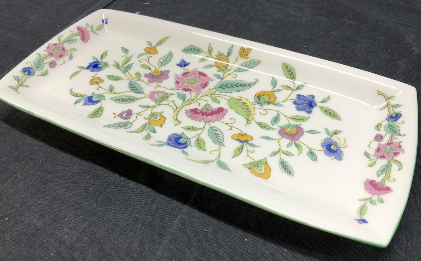 MINTON Signed Wadsworth Bone China Tray, England: Hand painted MINTON floral porcelain tray/ plate. Signed item by designer Josh Wadsworth and stamped with Minton hallmark. White fine bone China with marker’s mark and impressed stamp ‘ Minton Chi