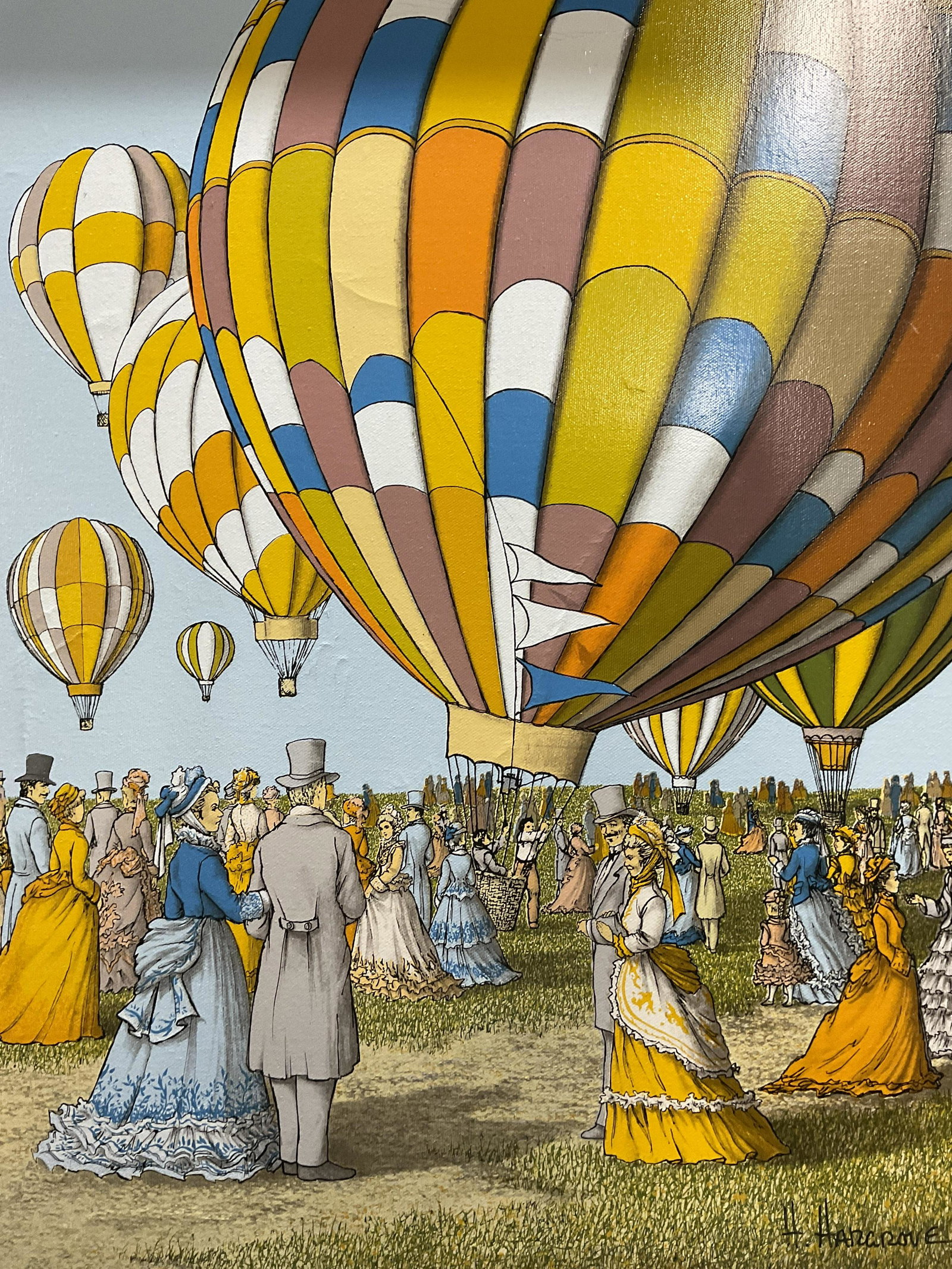 H HARGROVE Signed Hot Air Balloon Giclee Artwork: H HARGROVE Signed Hot Air Balloon Giclee Artwork on canvas, signature to lower right reads ‘H Hargrove’, label to reverse reads ‘Bob Kuchenbergs’, inscriptions to reverse illegible, subject a 
