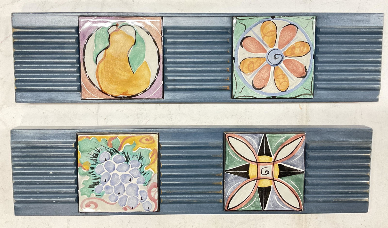 Hand Painted Tiles on Wood Backing: Hand painted tiles on wood backing. Could be used for trimming on walls or decorative placements for walls. Surface wear is minimal. One measures approx 17.5 x 4.5 inches. 11 Kitchenalia, back splash 