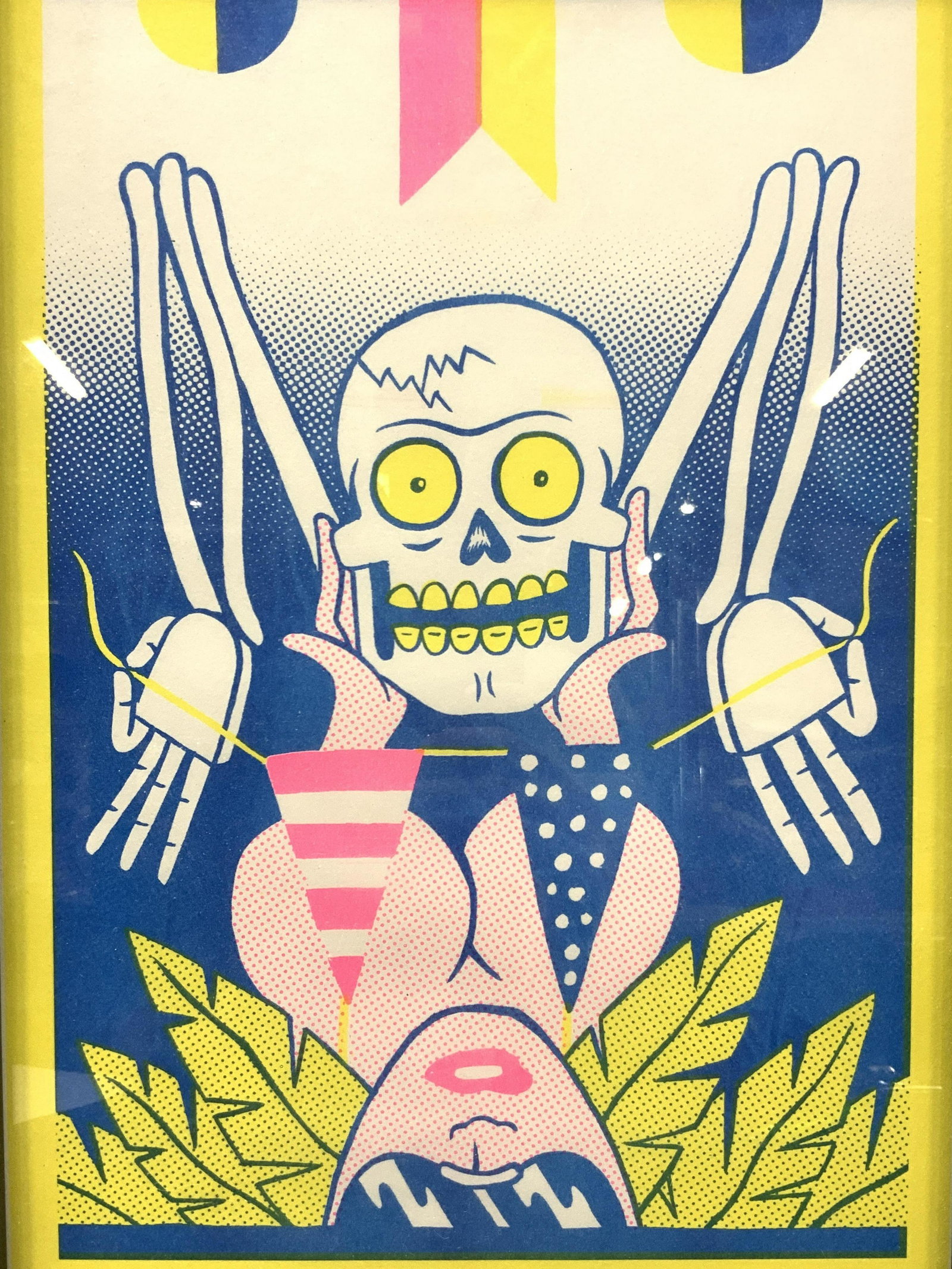 Framed Pop Art Skeleton Wood Cut: Framed pop art. possibly a wood cut or other fine art print. Subject depicts a white skeleton holding the top of a woman wearing sunglasses,all within a yellow border. Written reads All of those empty