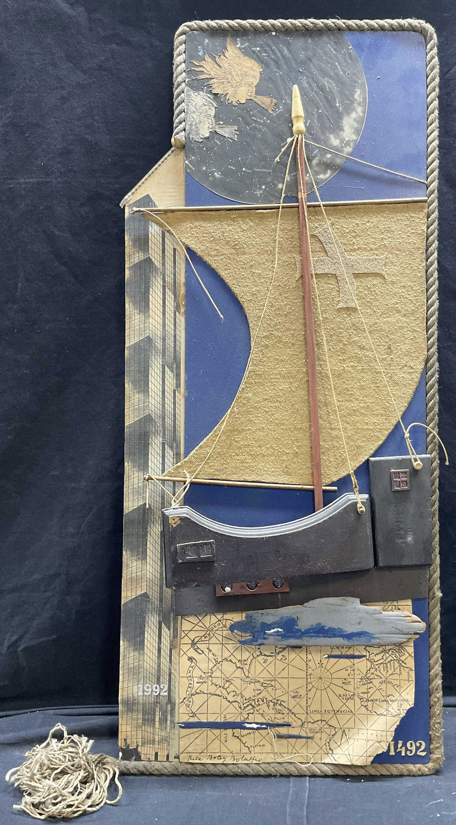 RITA BOLEY BOLAFFIO Signed Nautical Collage Art: RITA BOLEY BOLAFFIO Signed Nautical Collage Art, signature to lower left reads ‘Rita Boley BOLAFFIO’, inscriptions read ‘1992’, ‘1492’, portrait of Christopher Columbus affixed to reverse,
