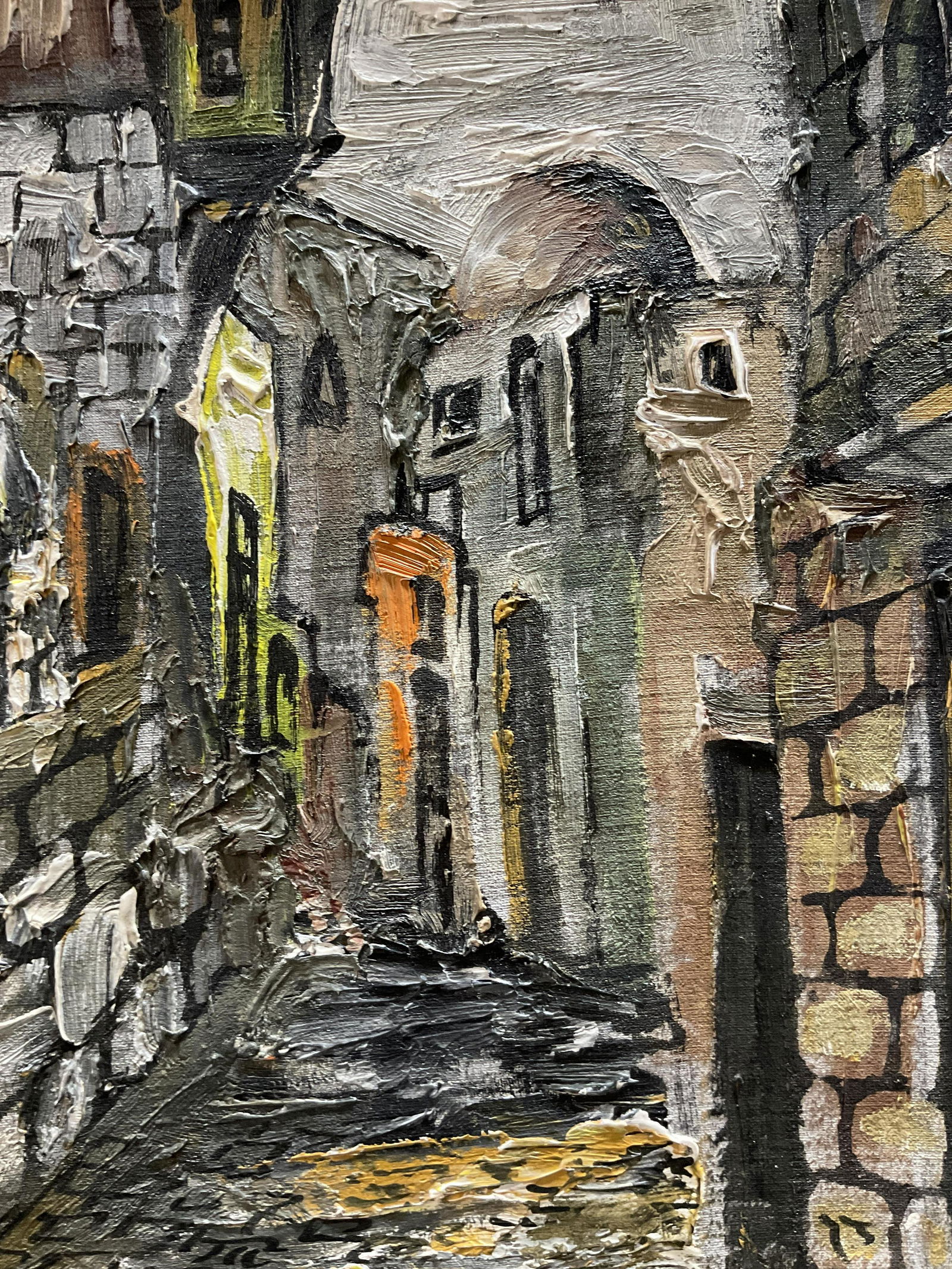 Abstract Oil Painting of a Cobbled Street: Abstract Oil Painting of a Cobbled Street on a piece of canvas, no apparent inscriptions or signatures to piece, stamp to reverse reads ‘Colonial Square Art Shop’, not examined out of frame, subje