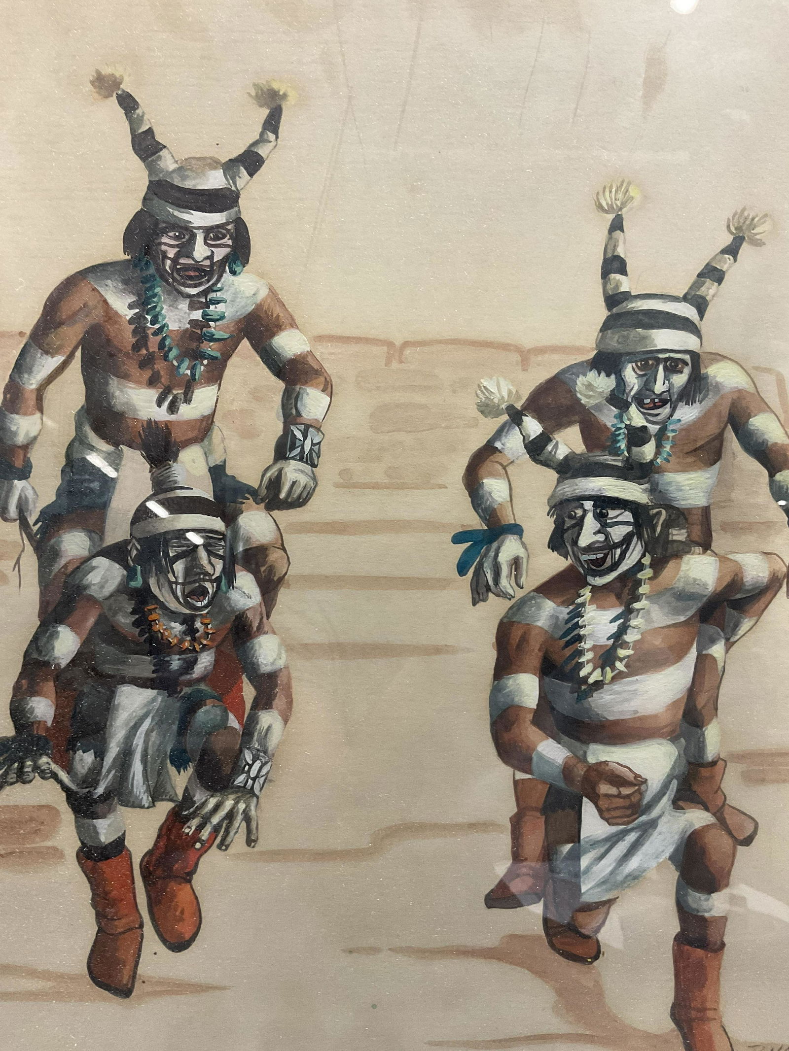 RINAHA Signed Gouache Painting of Koshare Dancers (1 of 6)